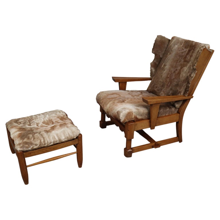Brutalist Oak Lounge Chair and Ottoman with Upholstery in Goat Hide For  Sale at 1stDibs | goat ottoman