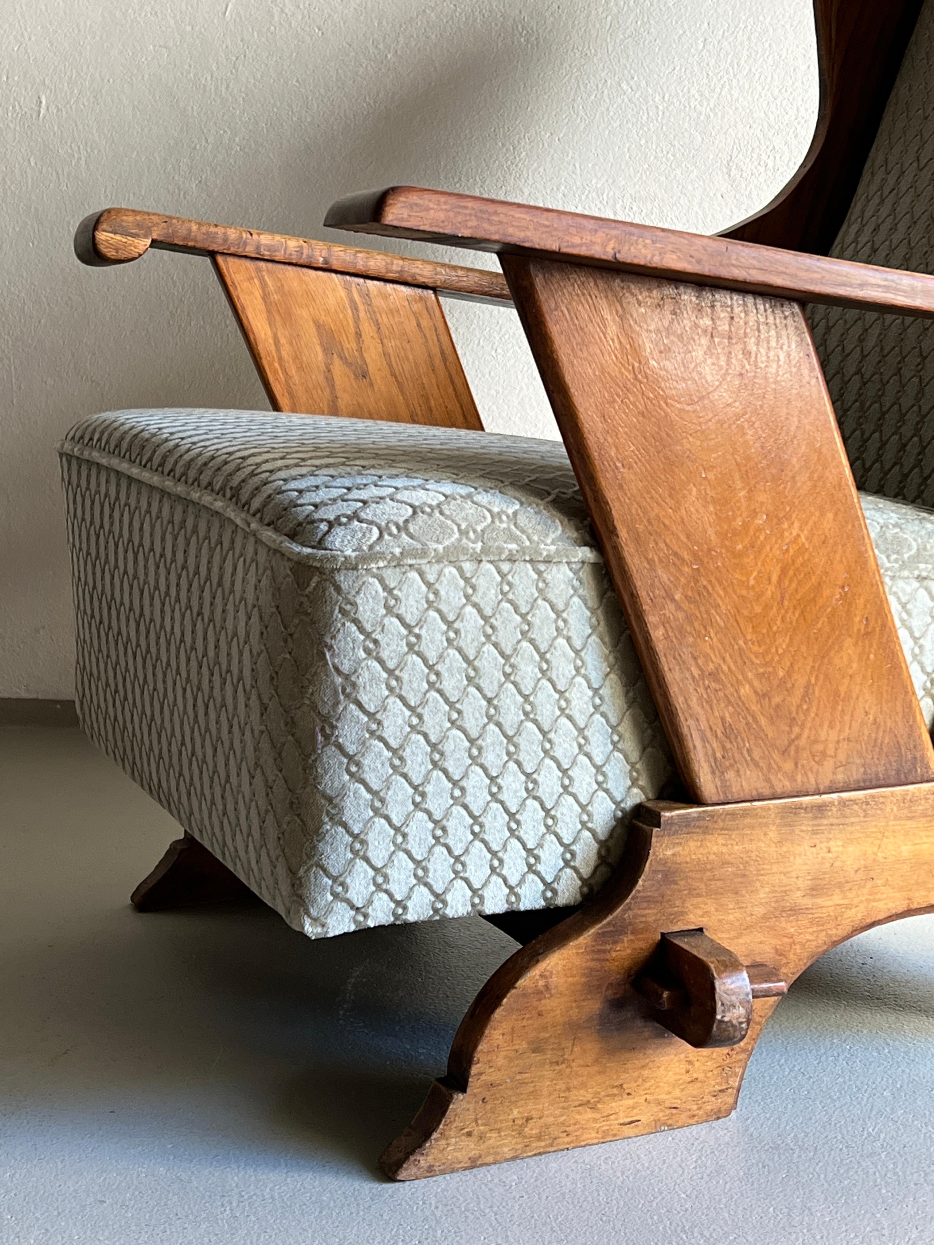 Fabric Brutalist Oak Lounge Chair, Belgium, 1930s