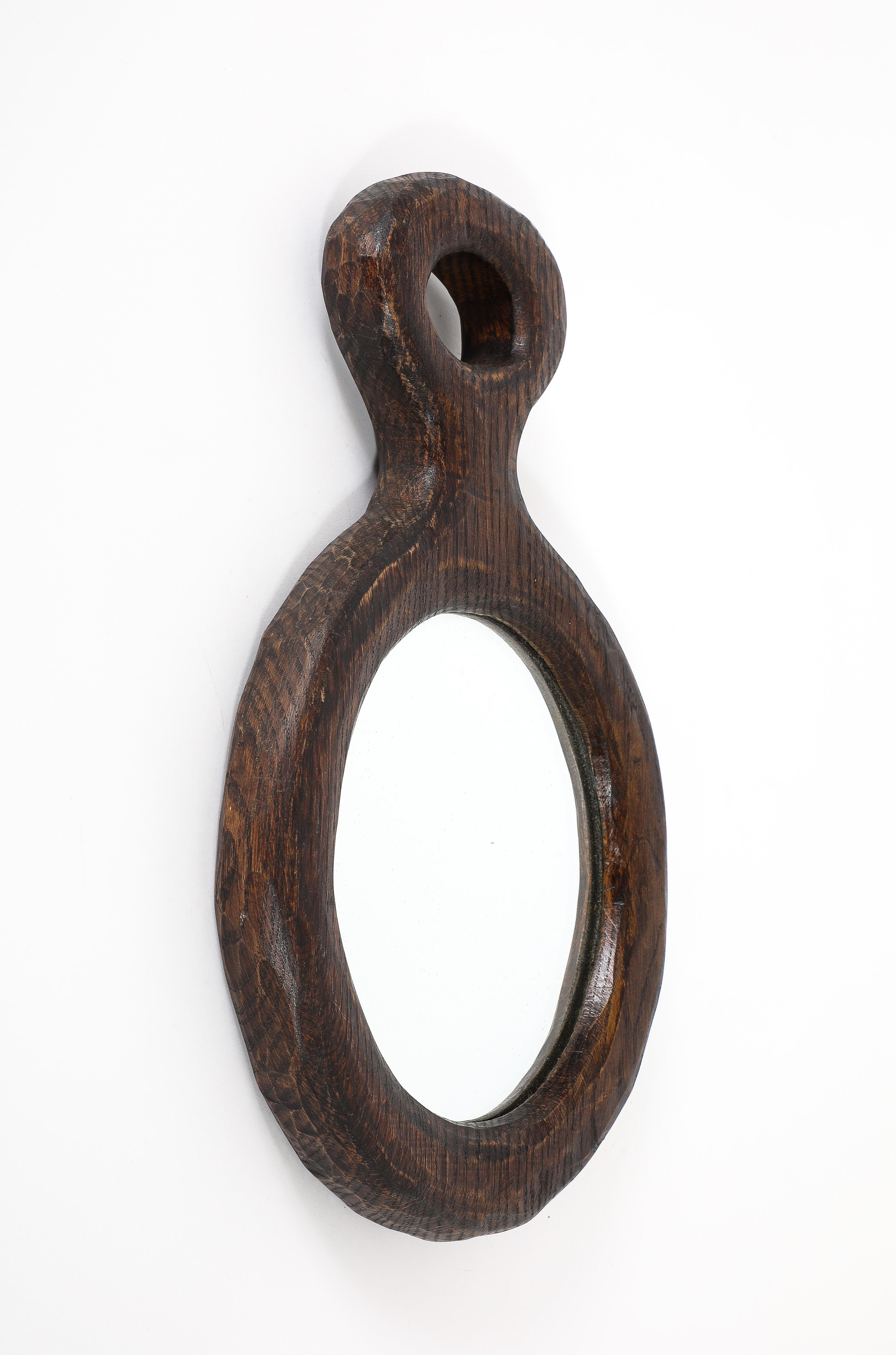 Hand-Carved Brutalist Oak Mirror, France 1950's For Sale