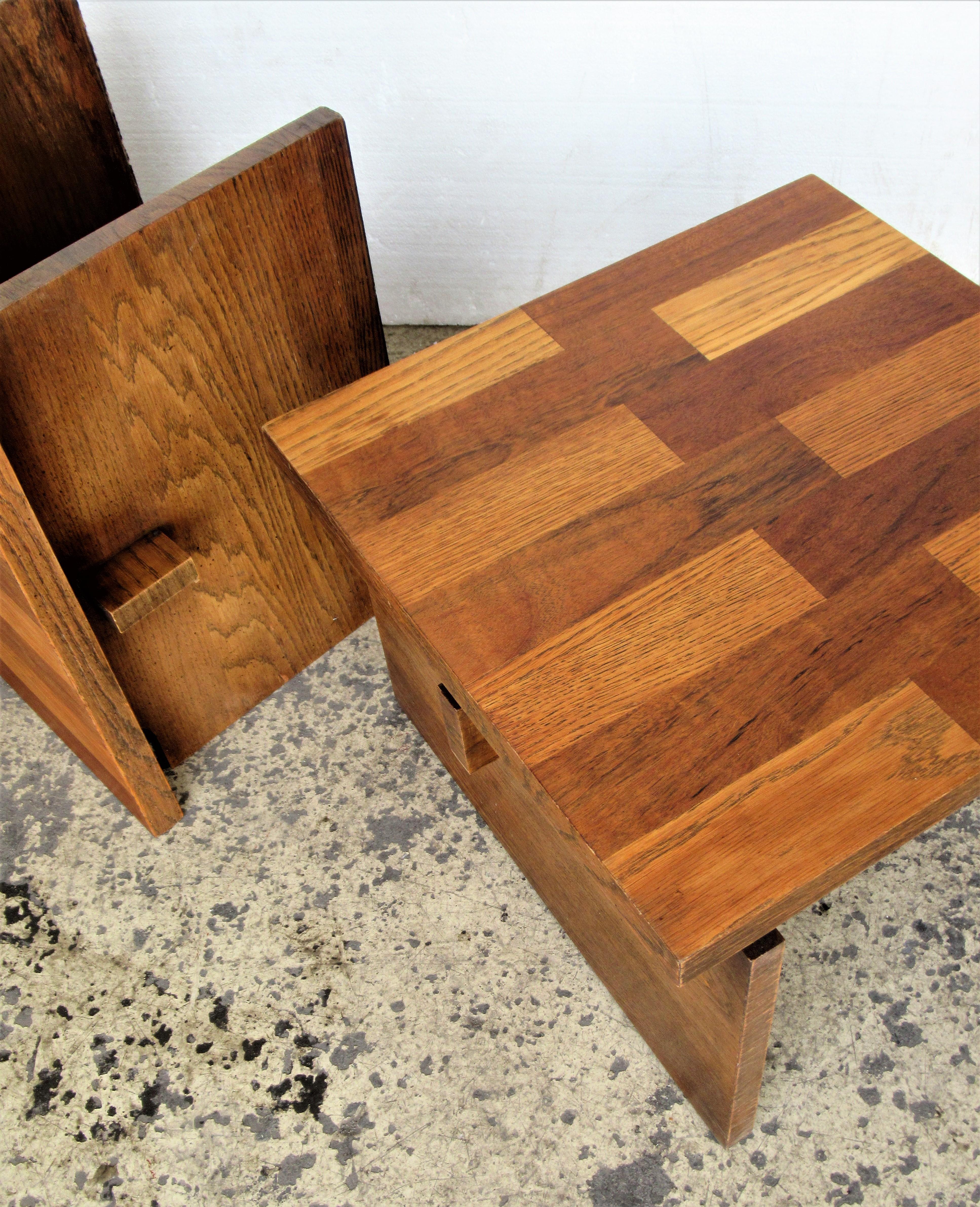   Oak end tables / low side tables with two-tone broad parquetry design tops and tenon decorated sides by Lane Furniture, circa 1970. Great looking versatile tables. Look at all pictures and read condition report in comment section.