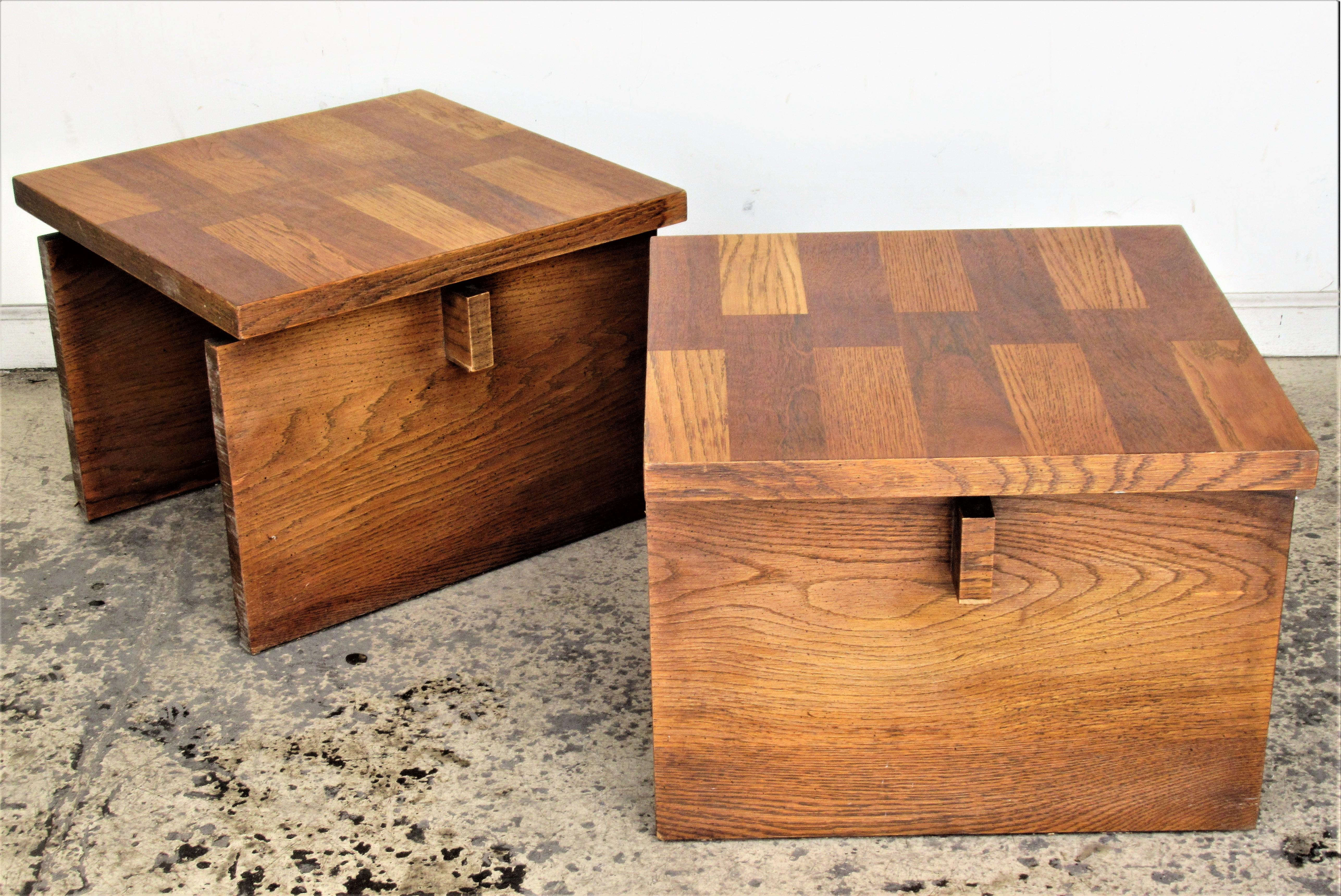 Mid-Century Modern  Oak Parquet Design End Tables by Lane Furniture