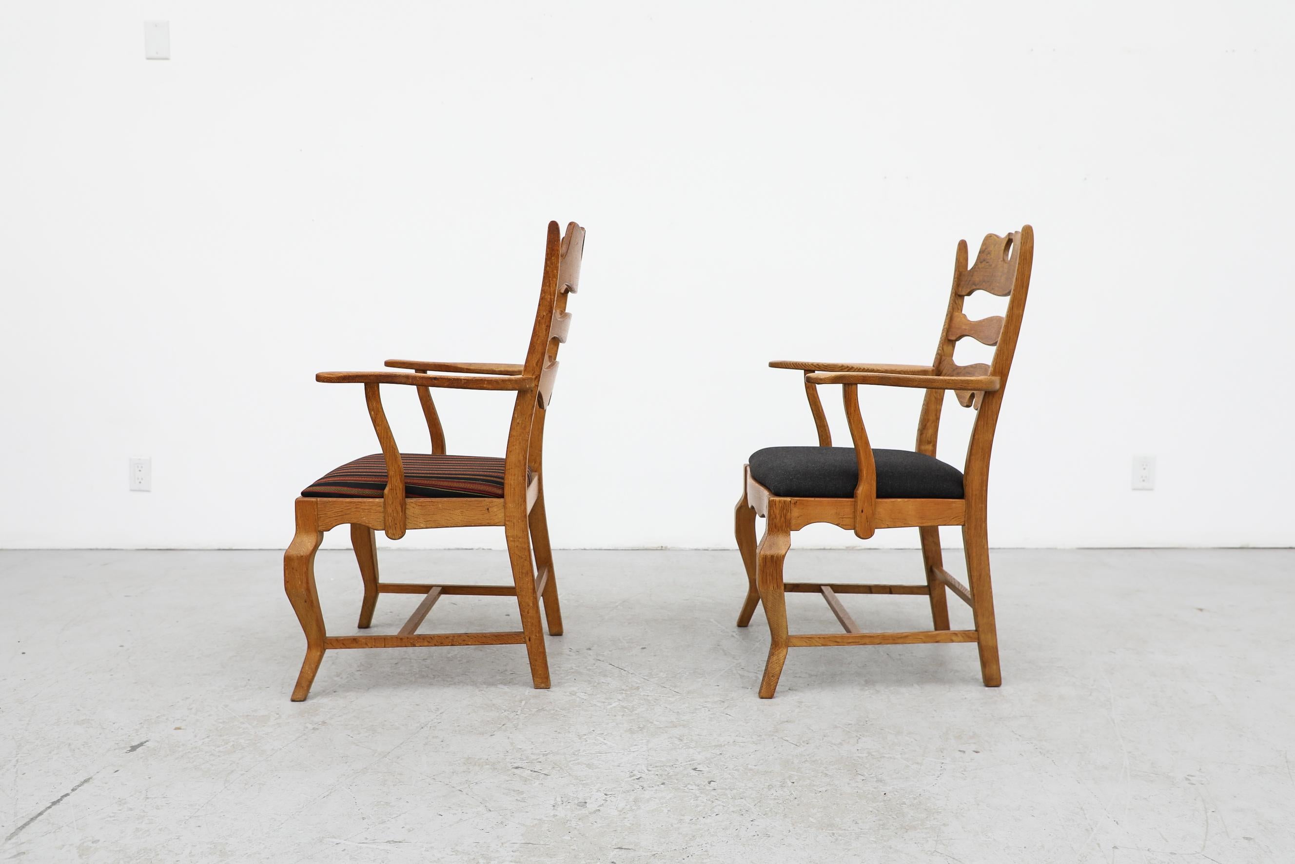 Mid-Century Modern 2 Different Brutalist Oak Razorback Arm Chairs Attributed to Henning Kjaernulf For Sale