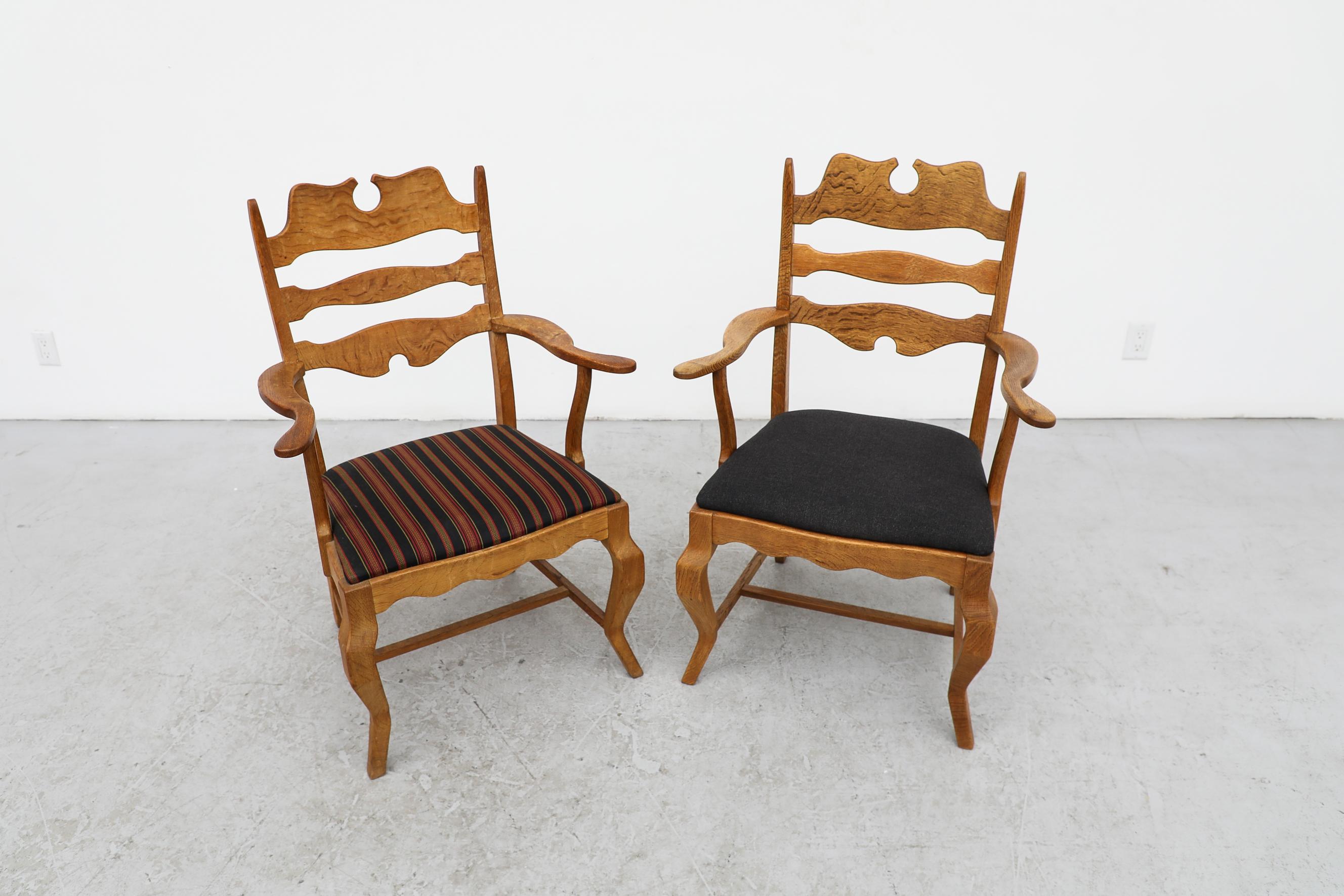 2 Different Brutalist Oak Razorback Arm Chairs Attributed to Henning Kjaernulf For Sale 1