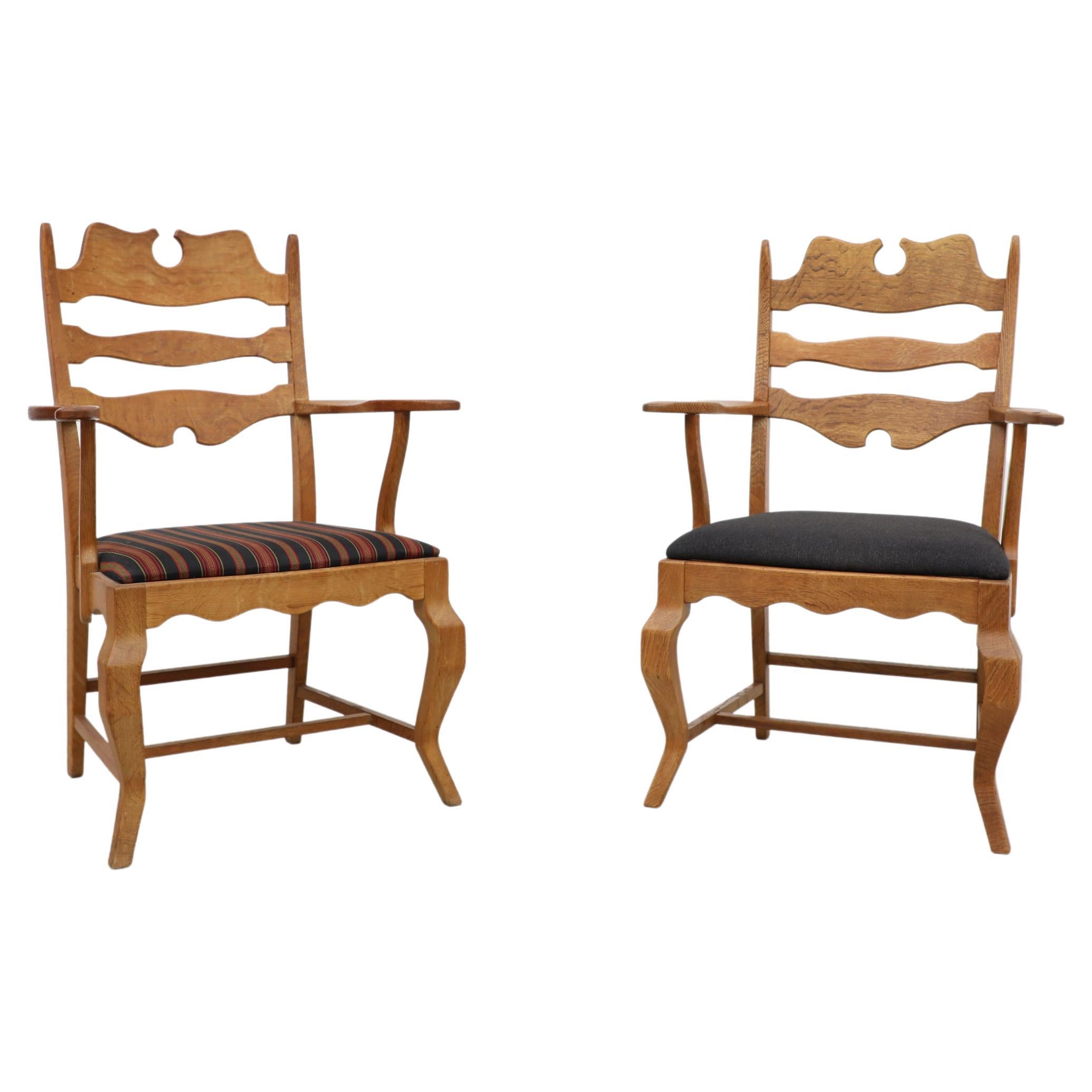 2 Different Brutalist Oak Razorback Arm Chairs Attributed to Henning Kjaernulf