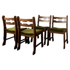 Sedie da pranzo brutaliste in Oak Razorback con velluto verde, anni '70, set da 4