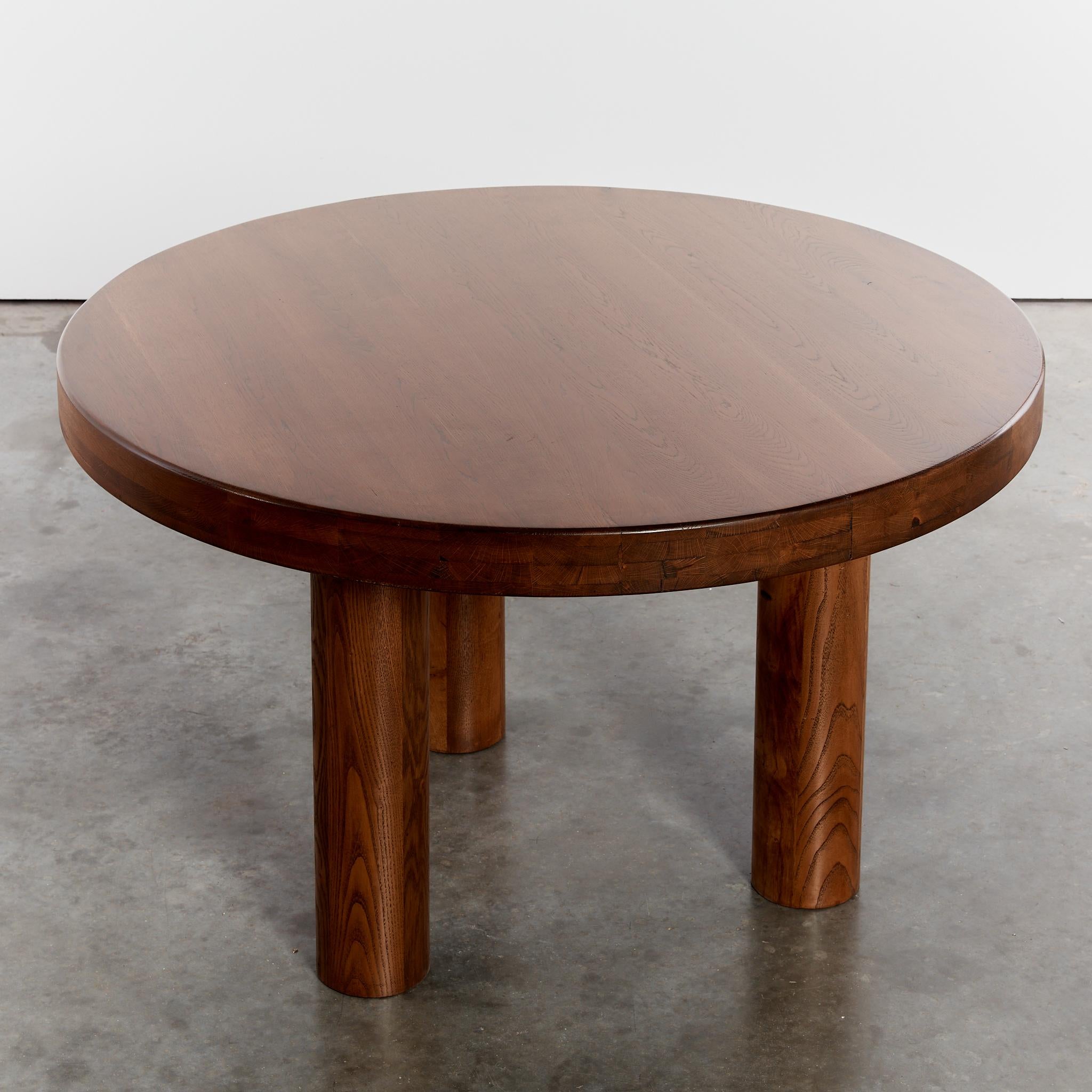Brutalist Oak round dining table tripod column legs, seats 4-6 5