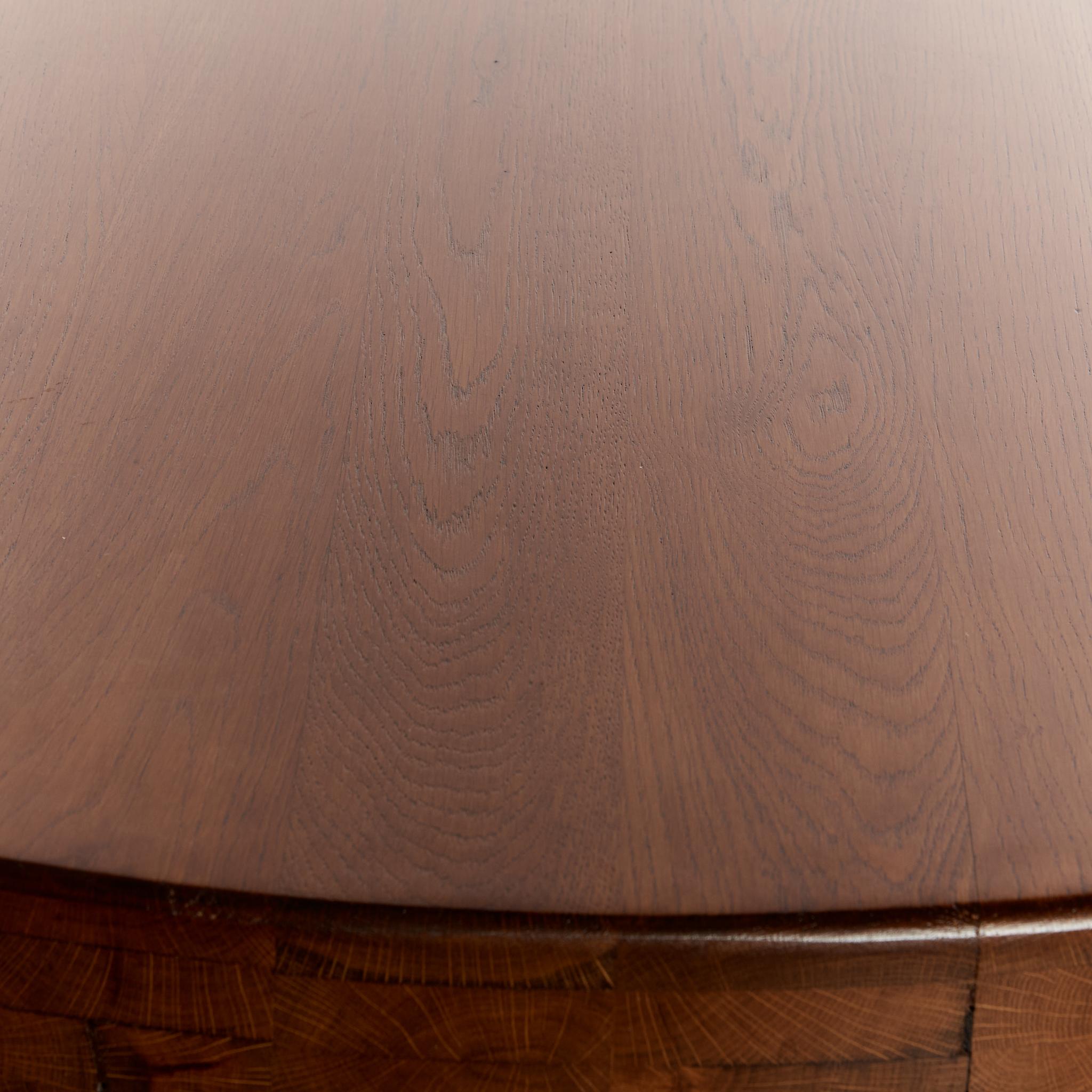 Brutalist Oak round dining table tripod column legs, seats 4-6 7