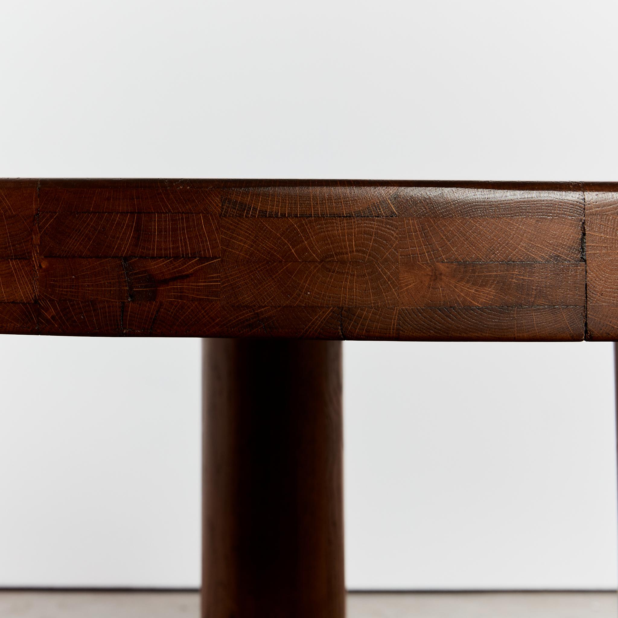 Brutalist Oak round dining table tripod column legs, seats 4-6 8