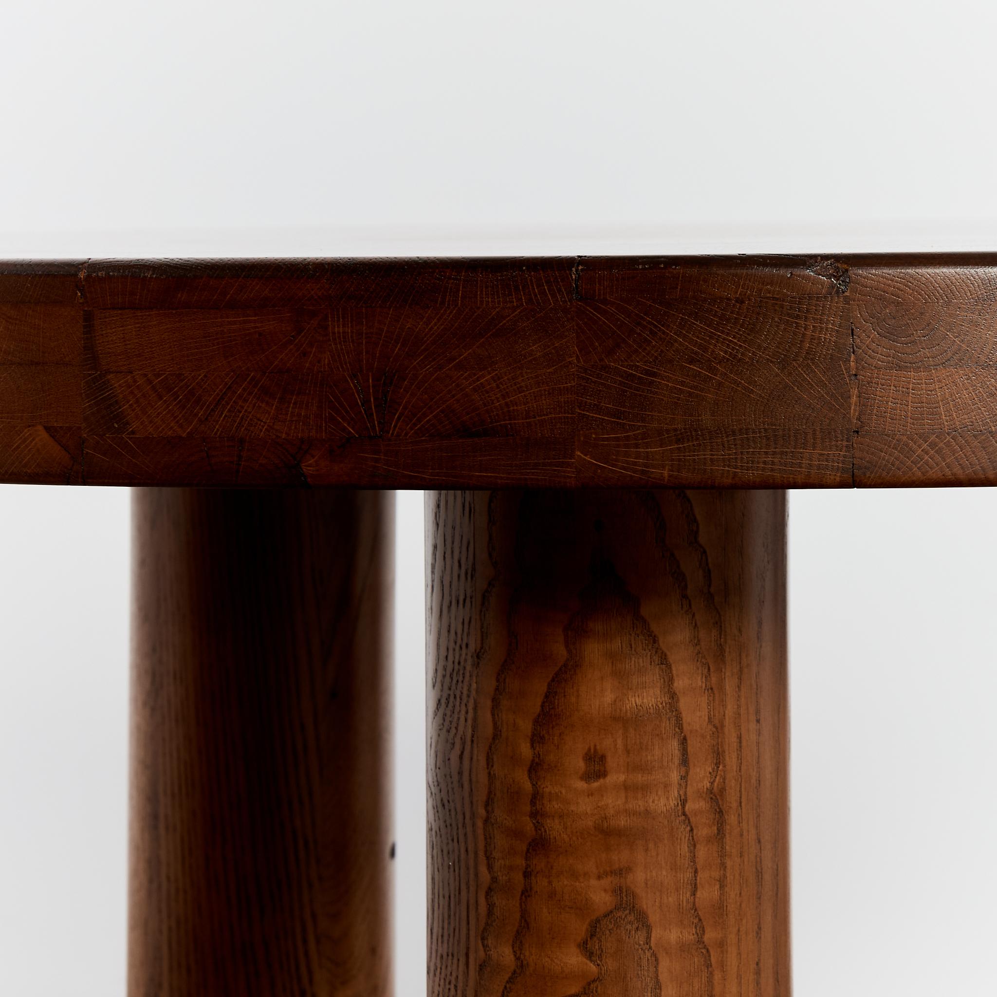 Brutalist Oak round dining table tripod column legs, seats 4-6 9