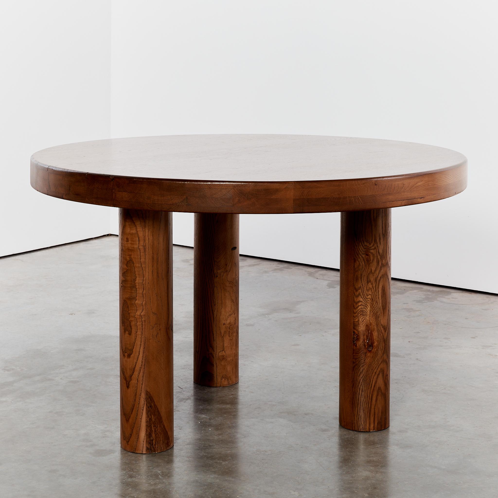 Brutalist Oak round dining table tripod column legs, seats 4-6 10