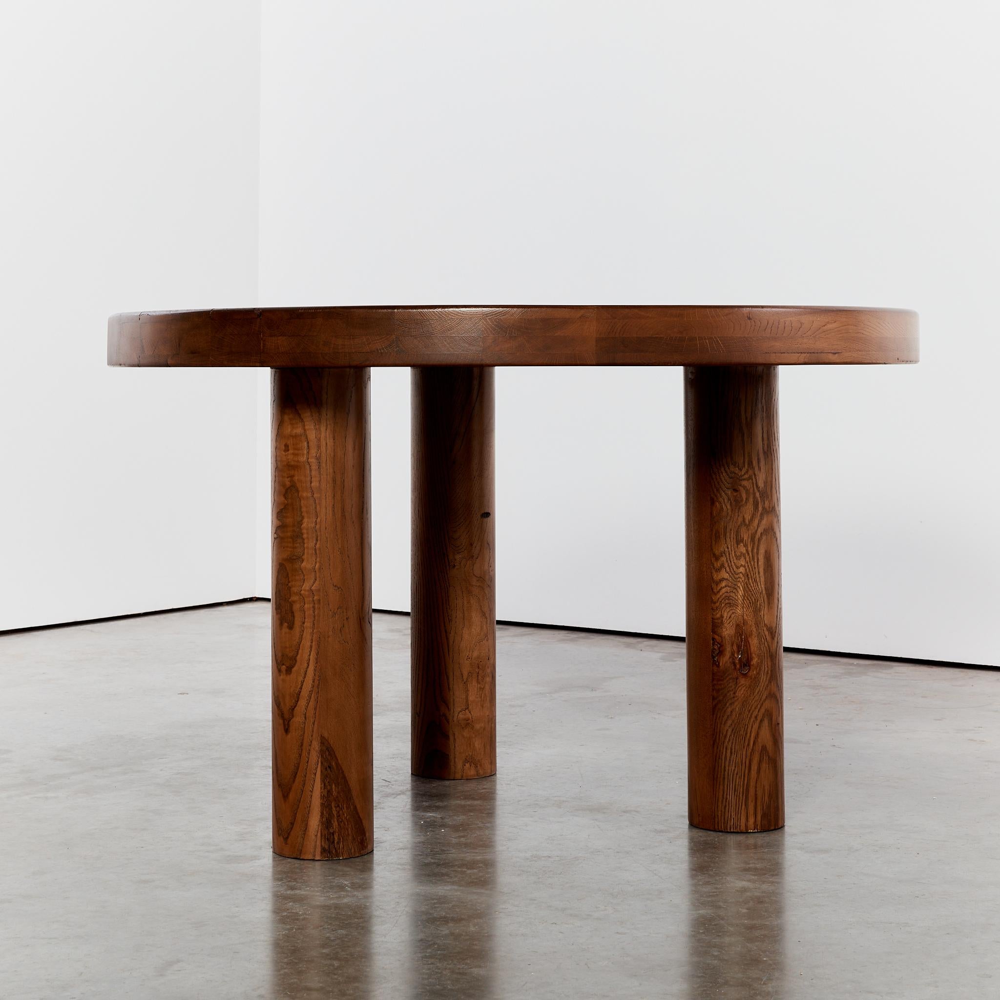 Brutalist Oak round dining table tripod column legs, seats 4-6 11