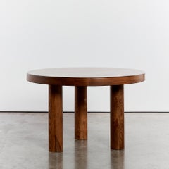 Brutalist Oak round dining table tripod column legs, seats 4-6