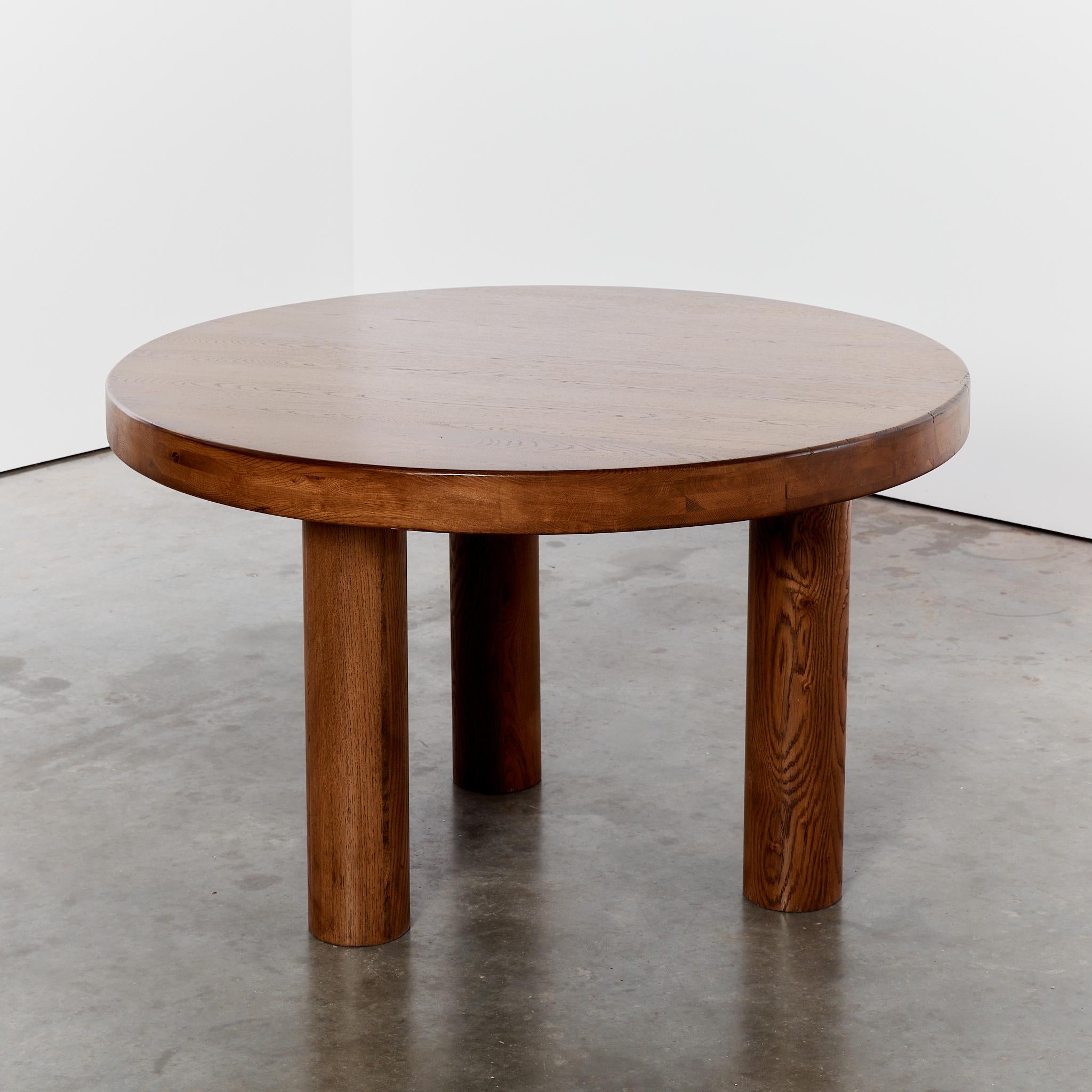 Brutalist Oak round dining table tripod column legs, seats 4-6 1