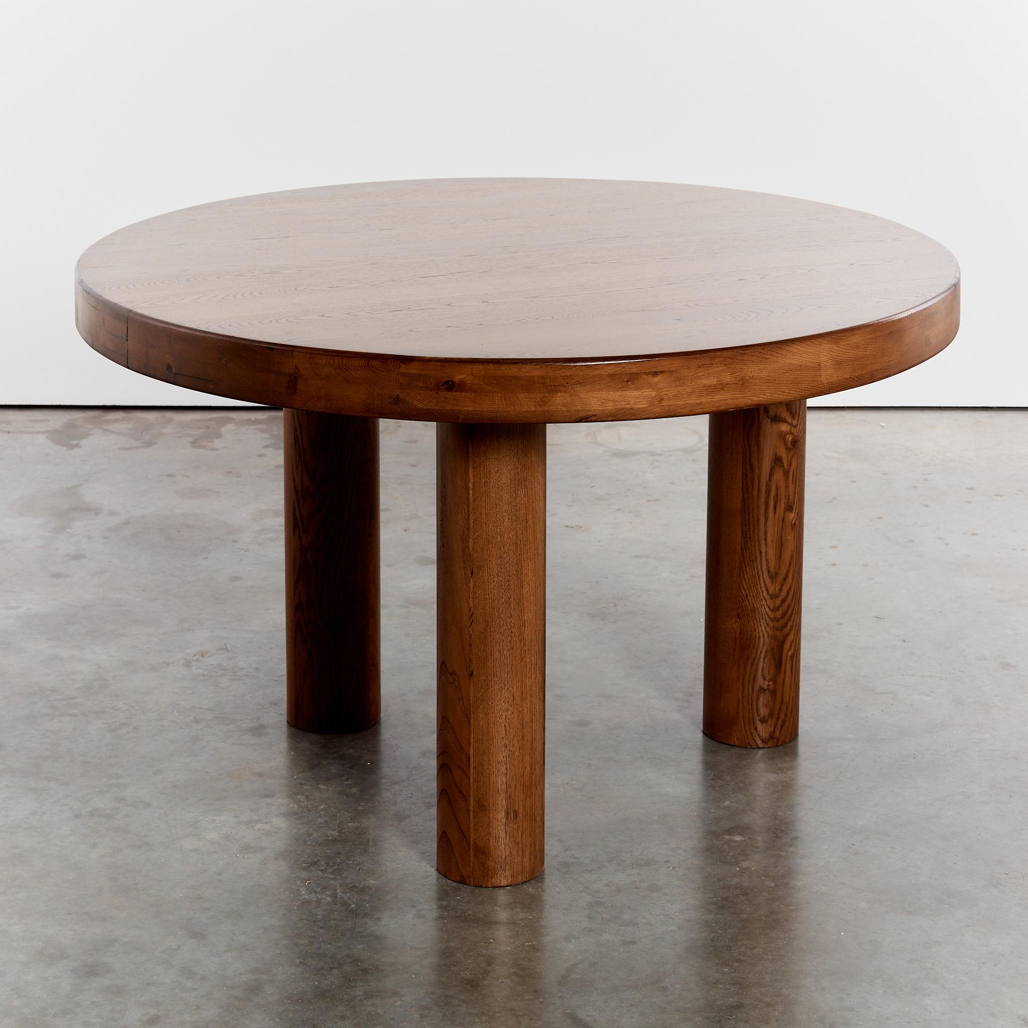Brutalist Oak round dining table tripod column legs, seats 4-6 2