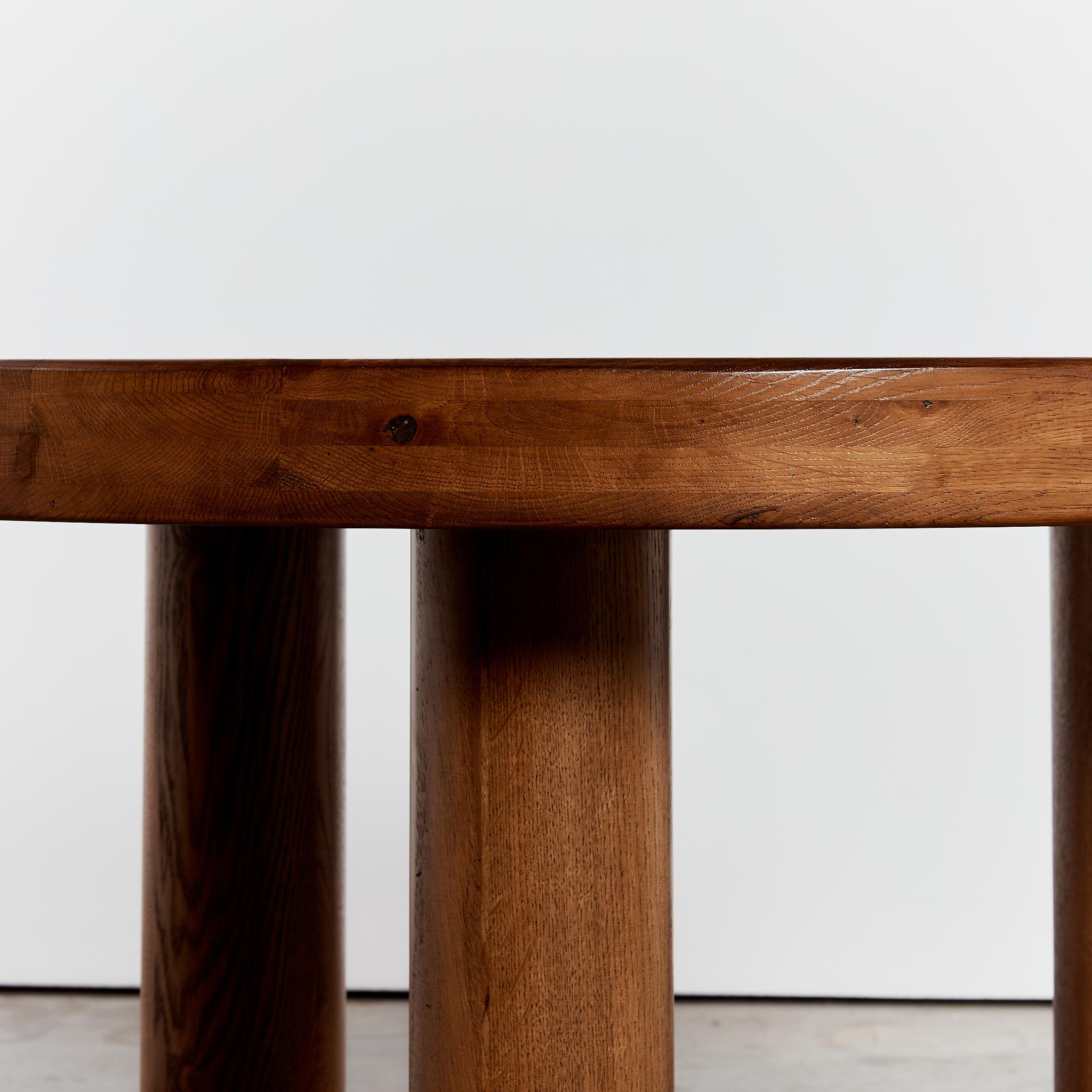 Brutalist Oak round dining table tripod column legs, seats 4-6 3
