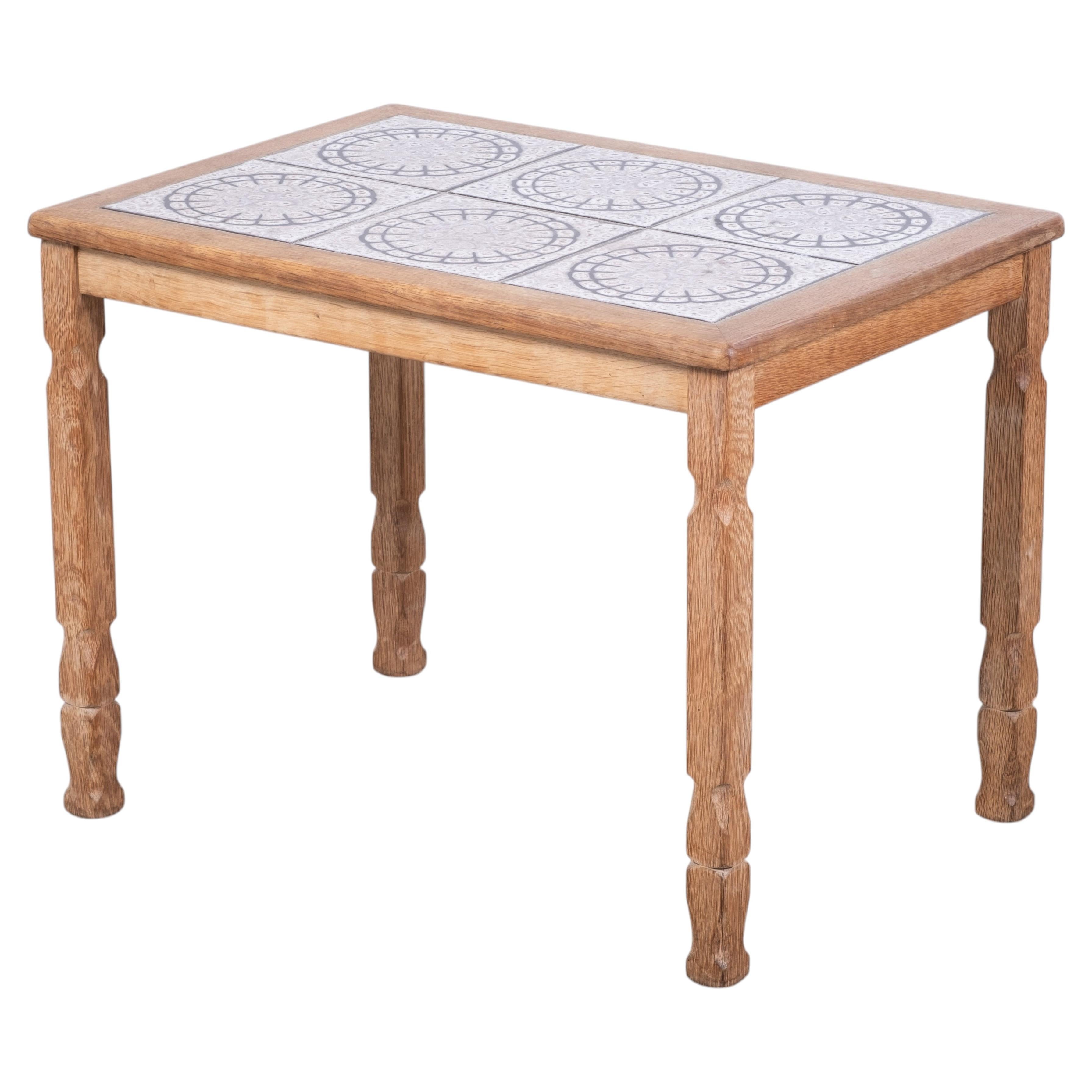 Brutalist Oak Side Table with Tiles, Denmark, 1960s For Sale