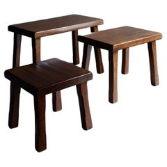Brutalist Oak Side Tables or Benches, Set of 3, 1970s