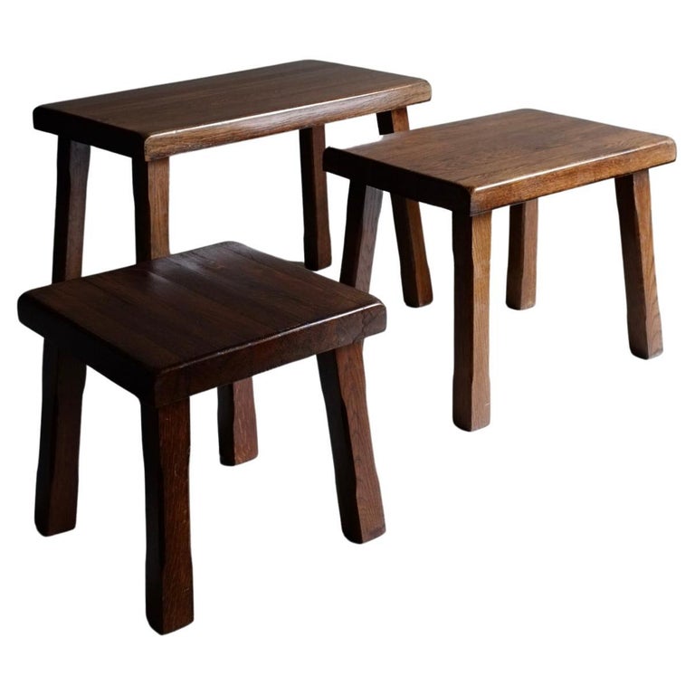 Brutalist Oak Side Tables or Benches, Set of 3, 1970s For Sale at 1stDibs