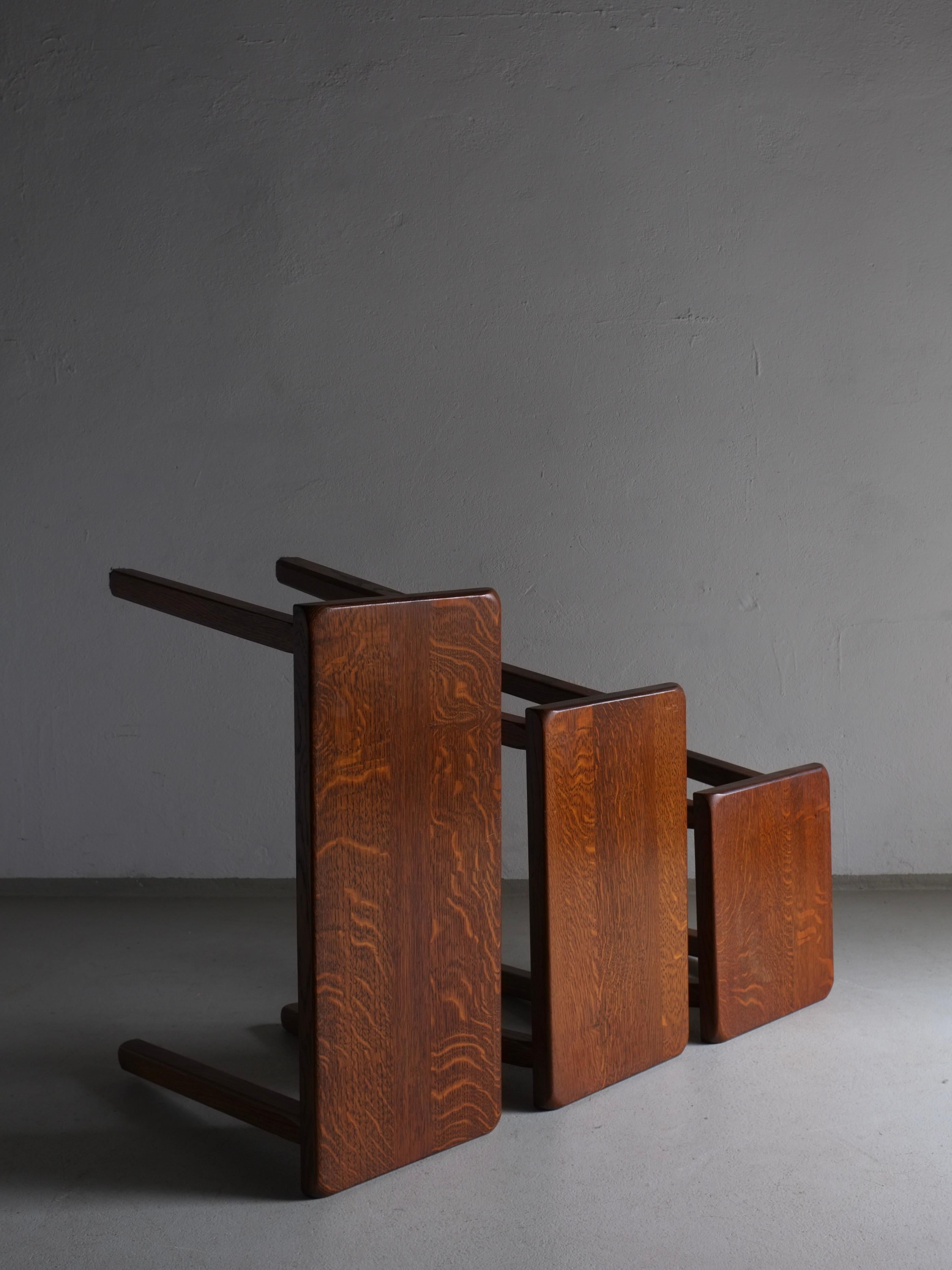 20th Century Brutalist Oak Side Tables, Set of 3, Netherlands 1970s For Sale