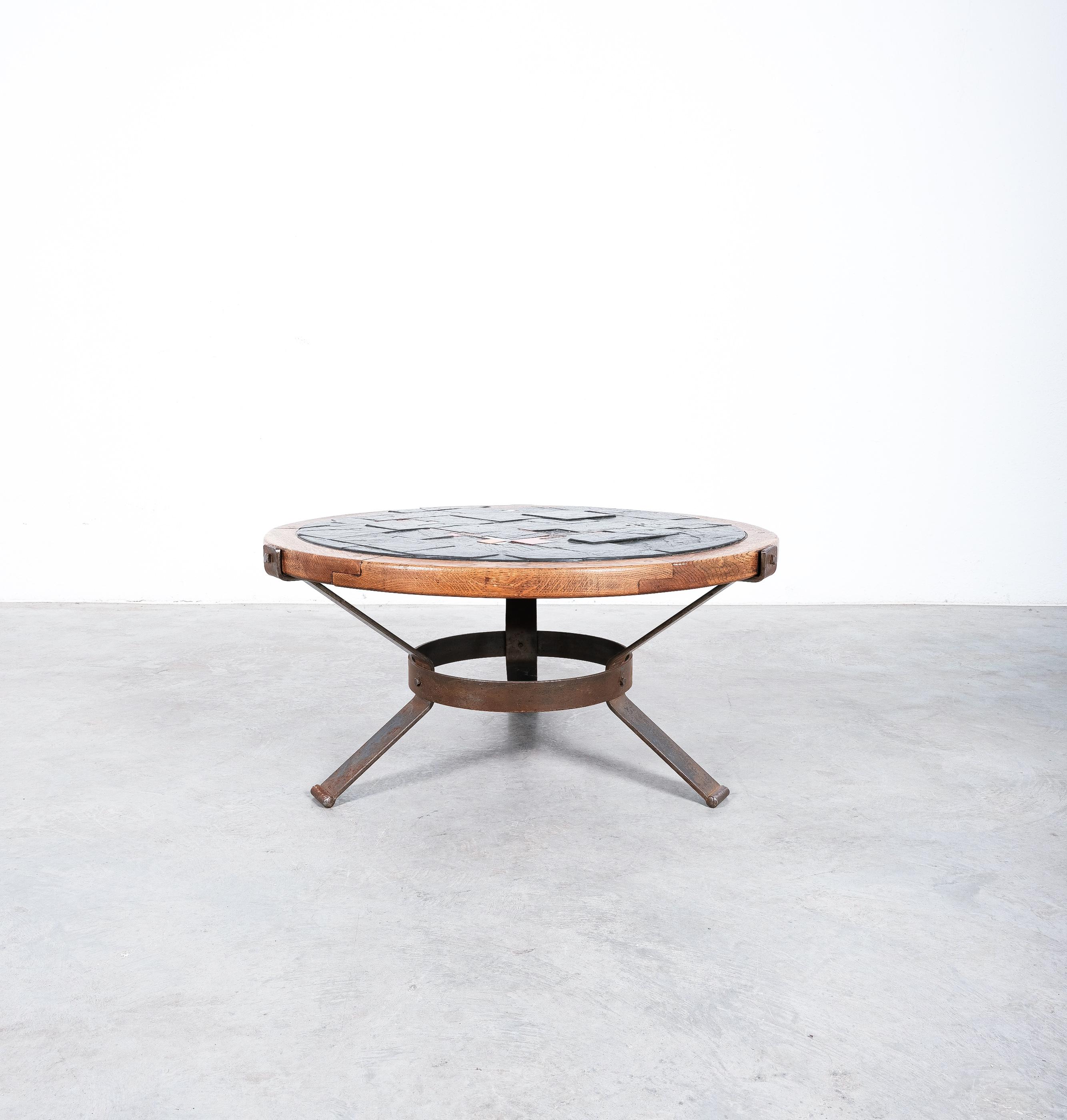 Brutalist Oak Slate Coffee Table Wrought Iron Base, France, 1950 For Sale 3