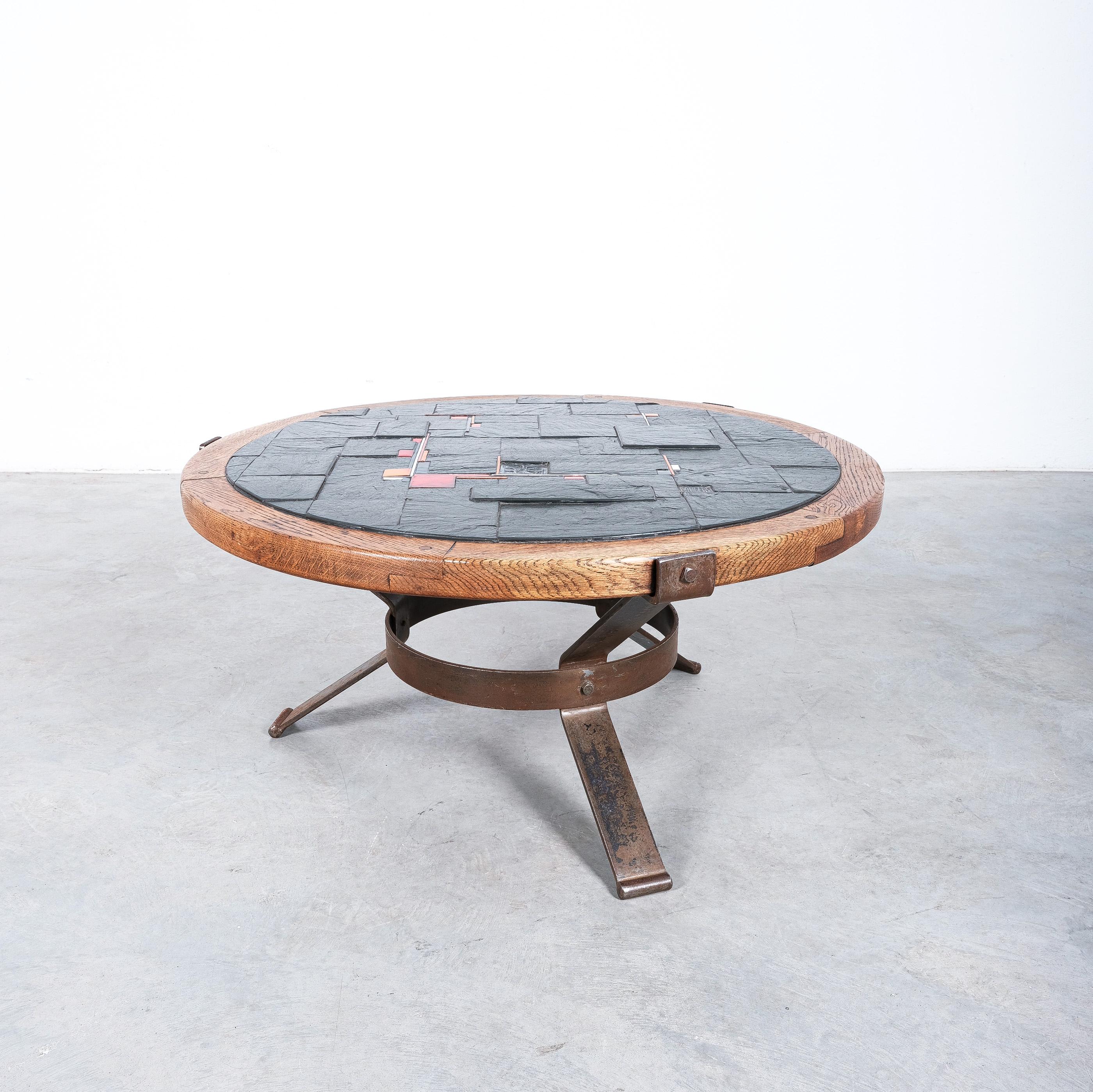Ceramic Brutalist Oak Slate Coffee Table Wrought Iron Base, France, 1950 For Sale