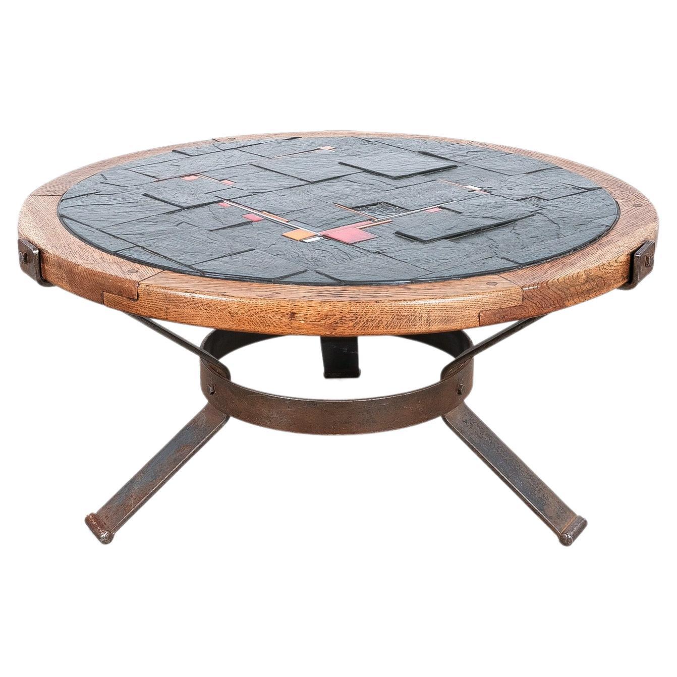 Brutalist Oak Slate Coffee Table Wrought Iron Base, France, 1950