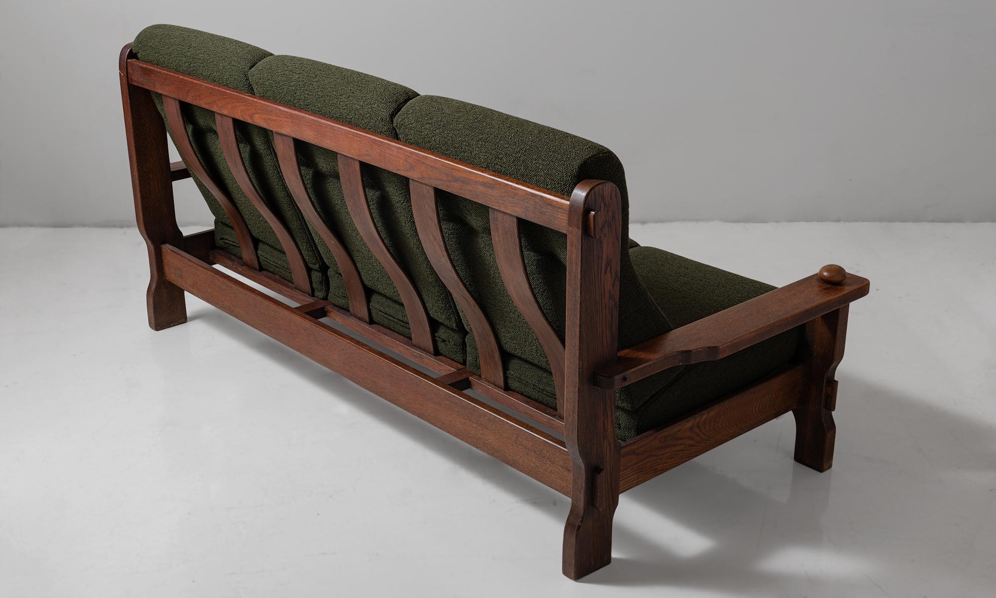 French Brutalist Oak Sofa in Textured Wool Blend from Maharam, France, circa 1950