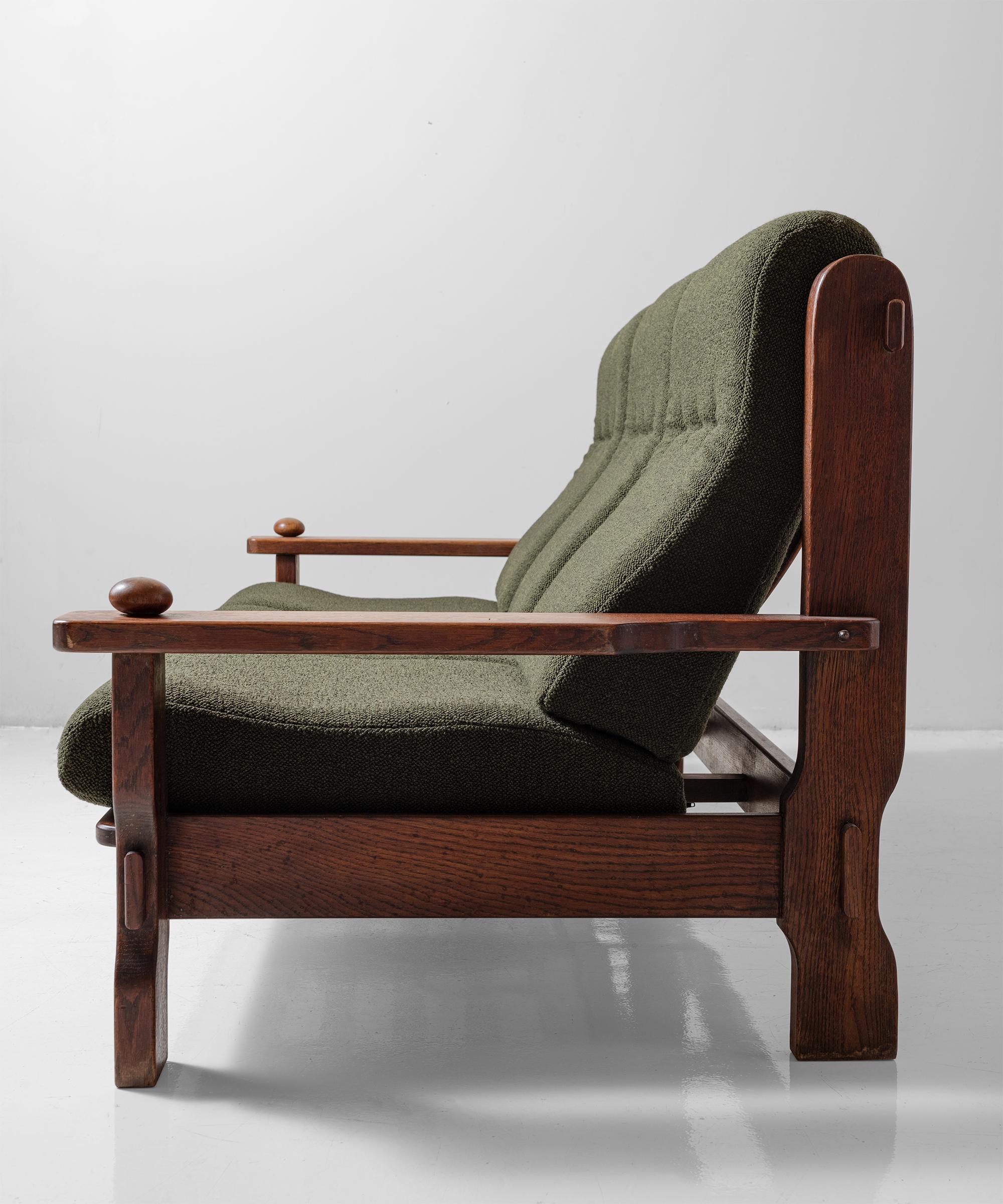 Brutalist Oak Sofa in Textured Wool Blend from Maharam, France, circa 1950 2