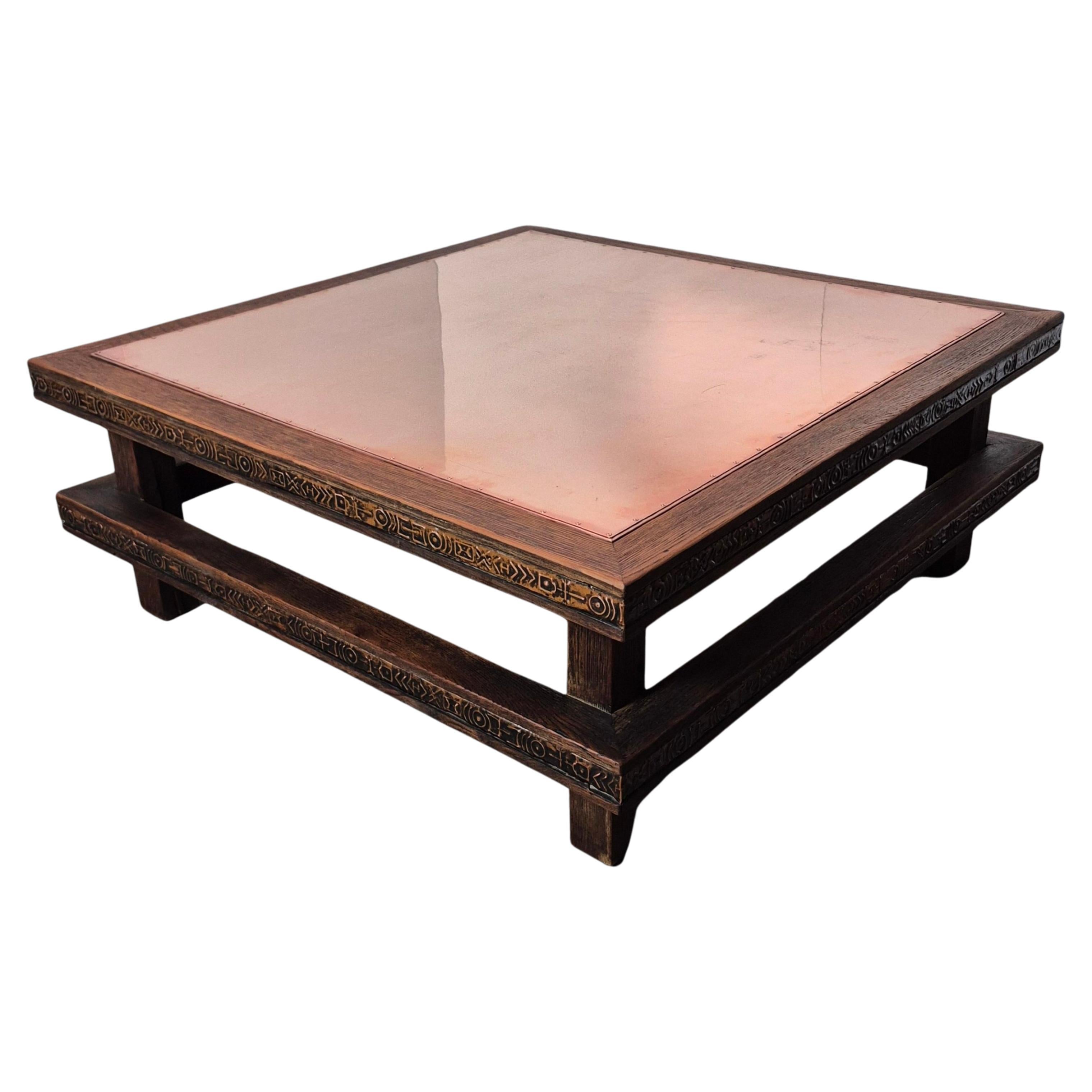 Brutalist oak square coffee table with copper top, Netherlands 1950s For Sale