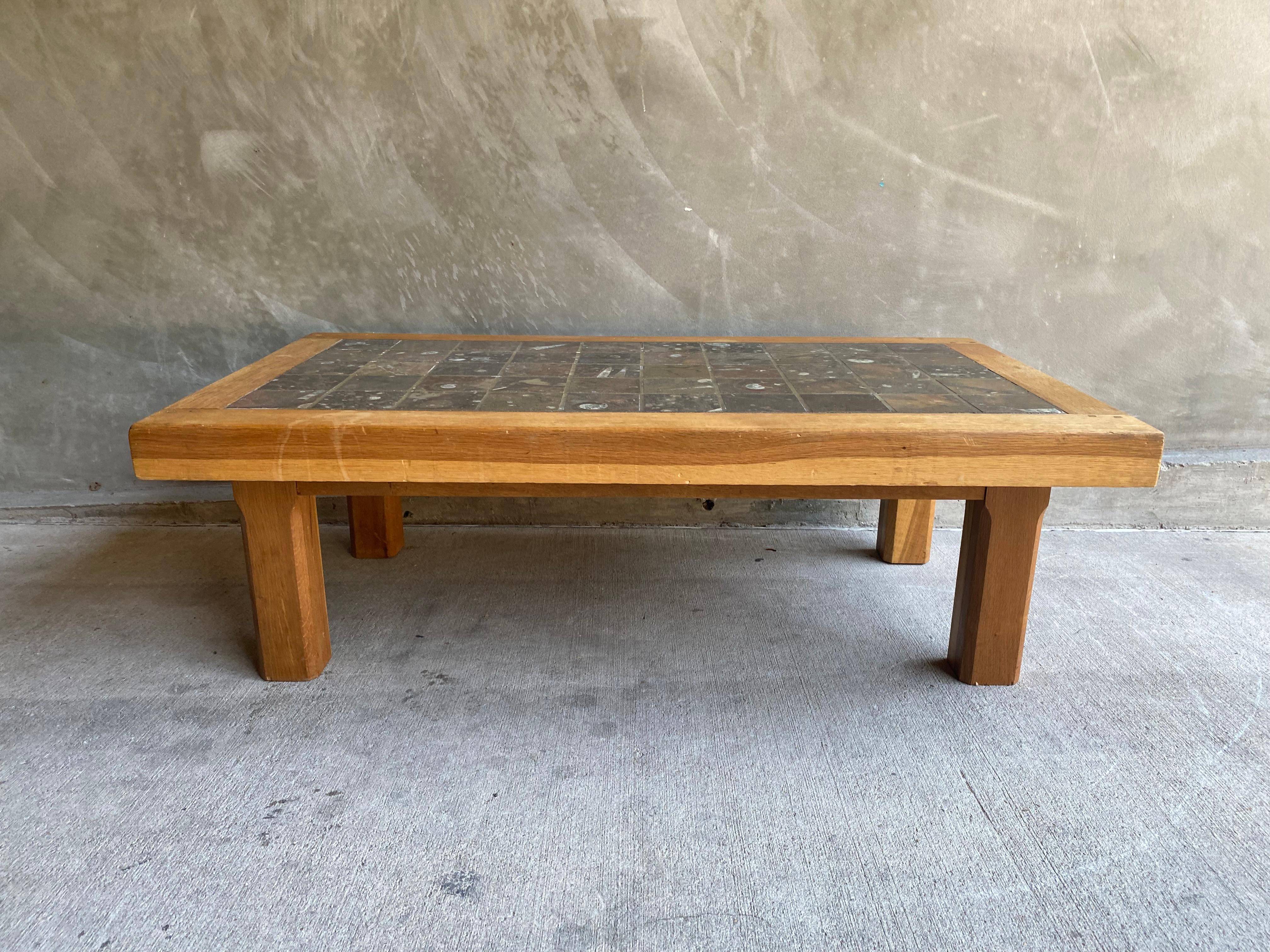 Belgian Brutalist Oak & Stone Cocktail Table, Belgium, 1960's