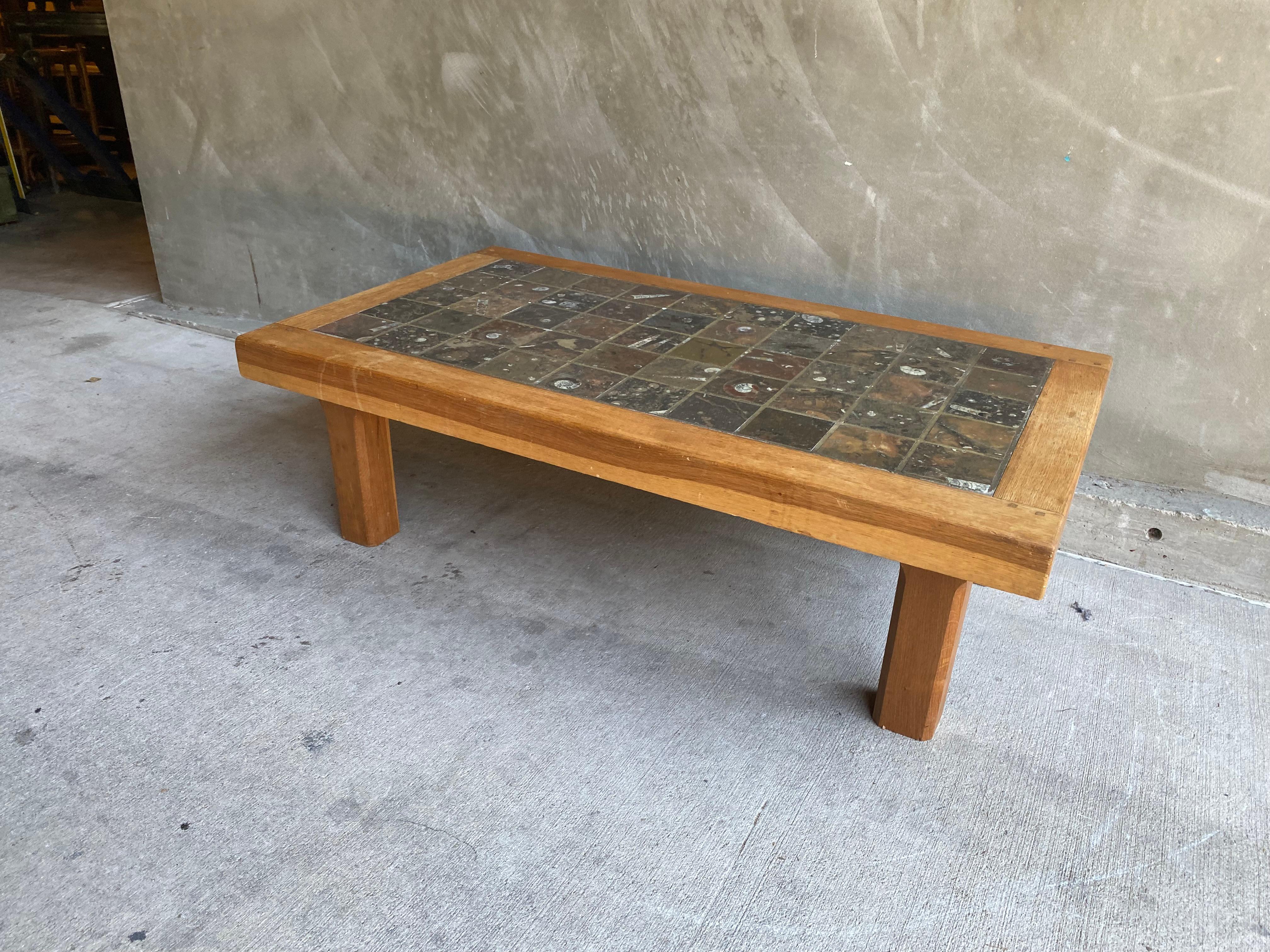 Brutalist Oak & Stone Cocktail Table, Belgium, 1960's In Good Condition In Austin, TX