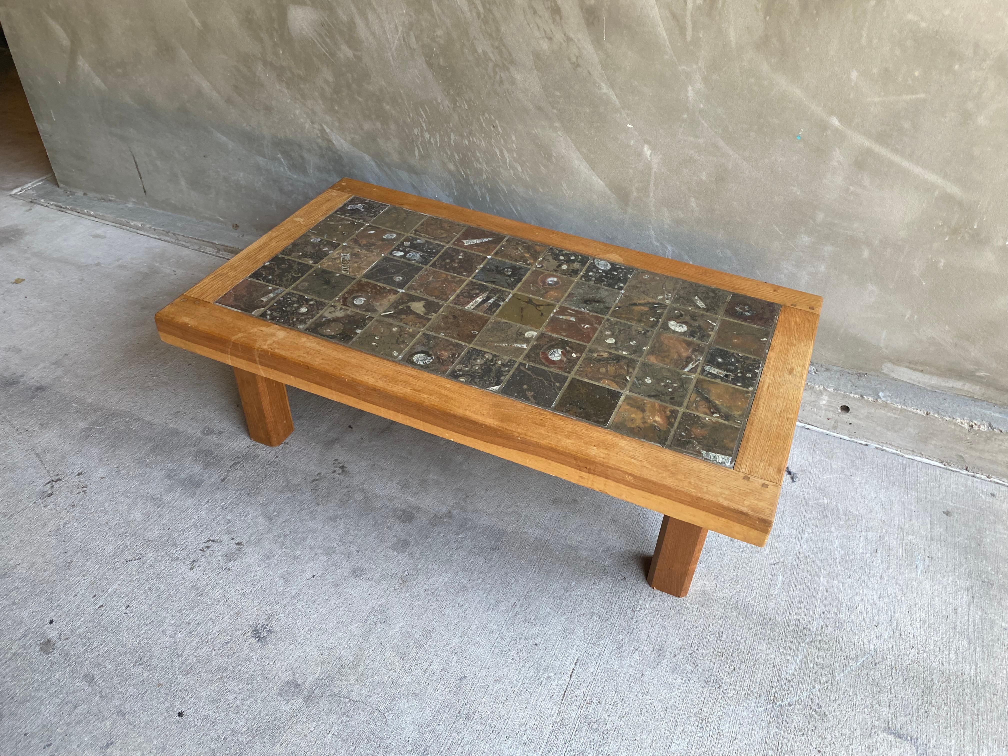 Mid-20th Century Brutalist Oak & Stone Cocktail Table, Belgium, 1960's