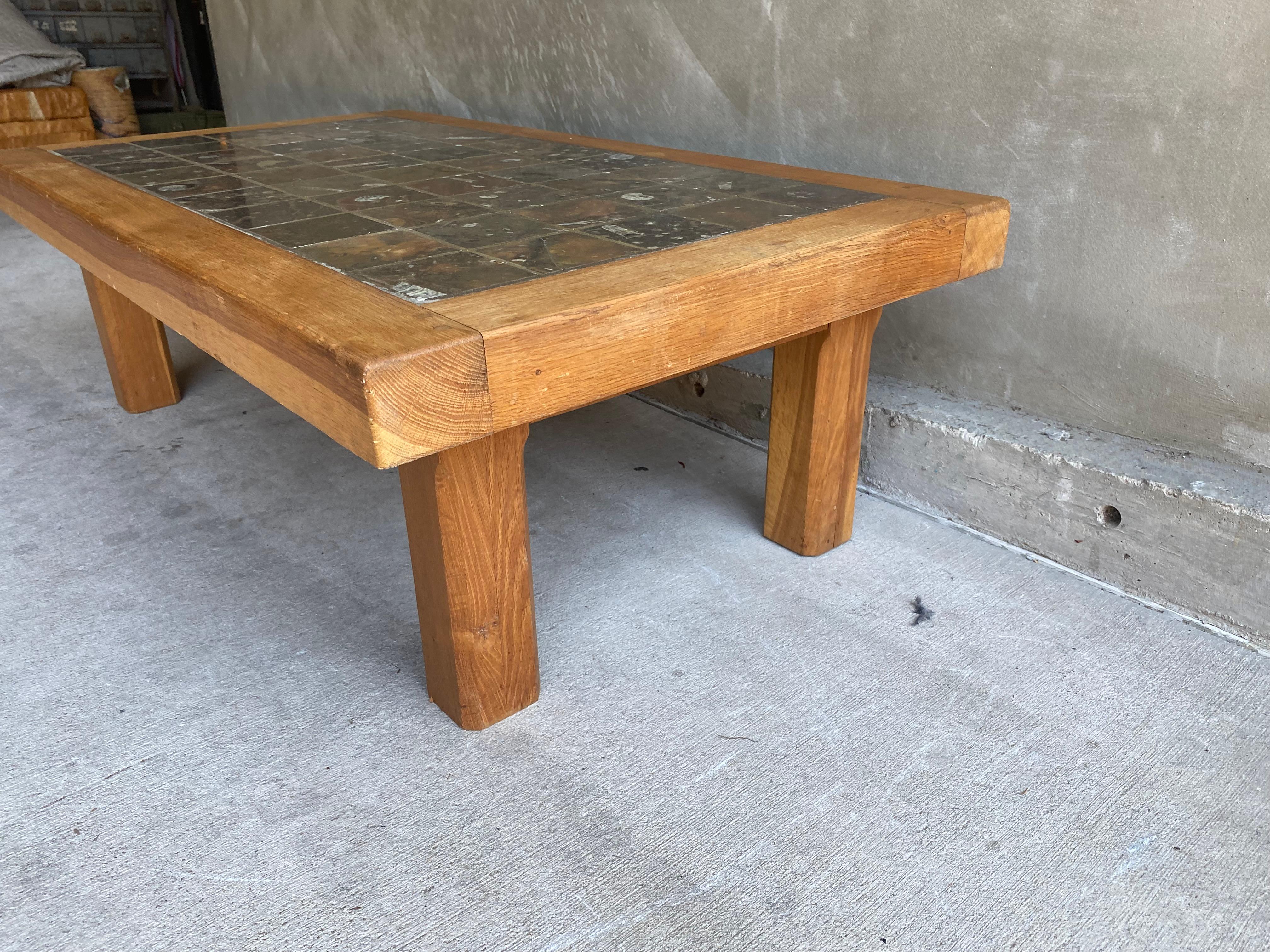 Brutalist Oak & Stone Cocktail Table, Belgium, 1960's 2