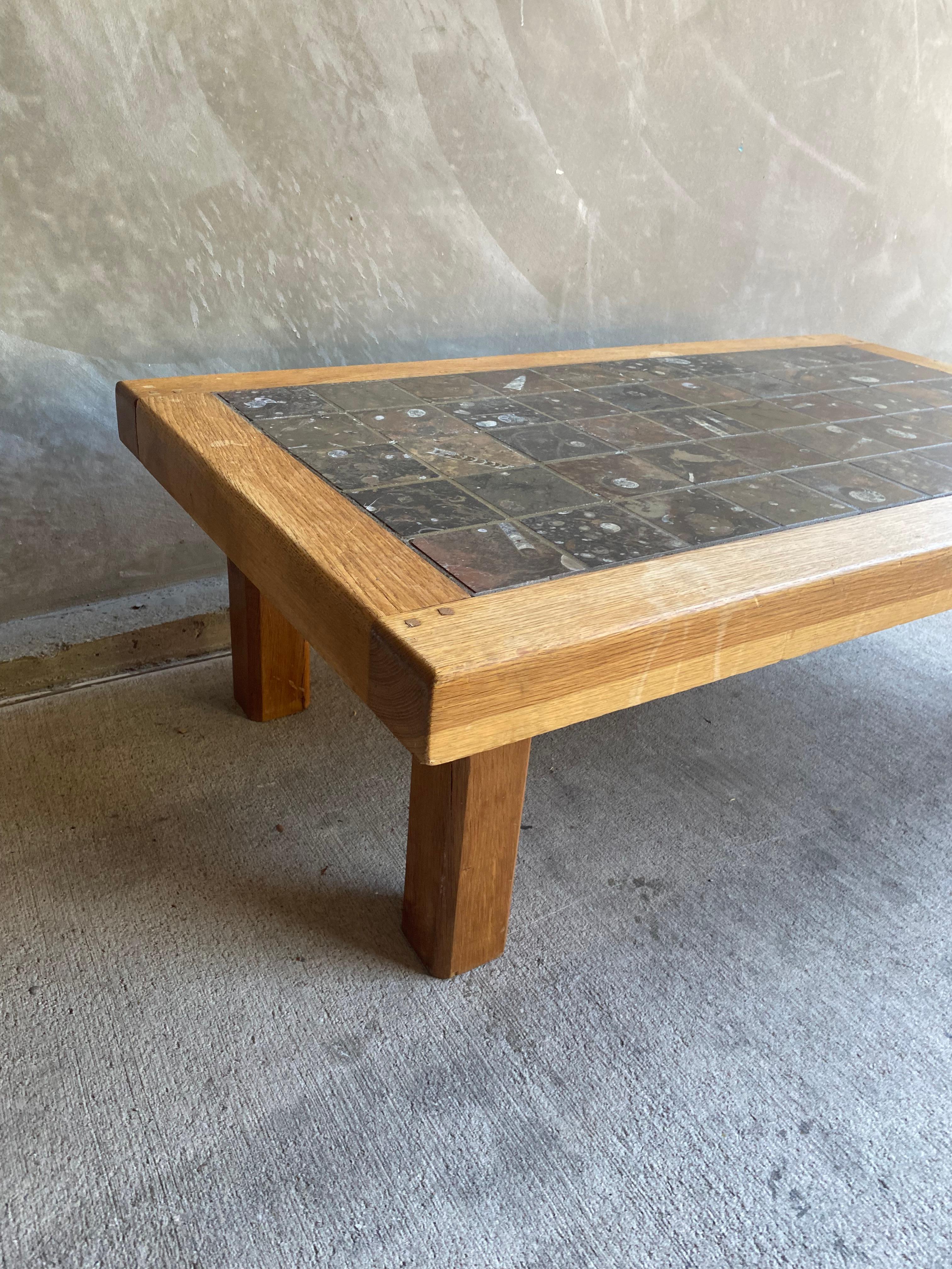 Brutalist Oak & Stone Cocktail Table, Belgium, 1960's 3