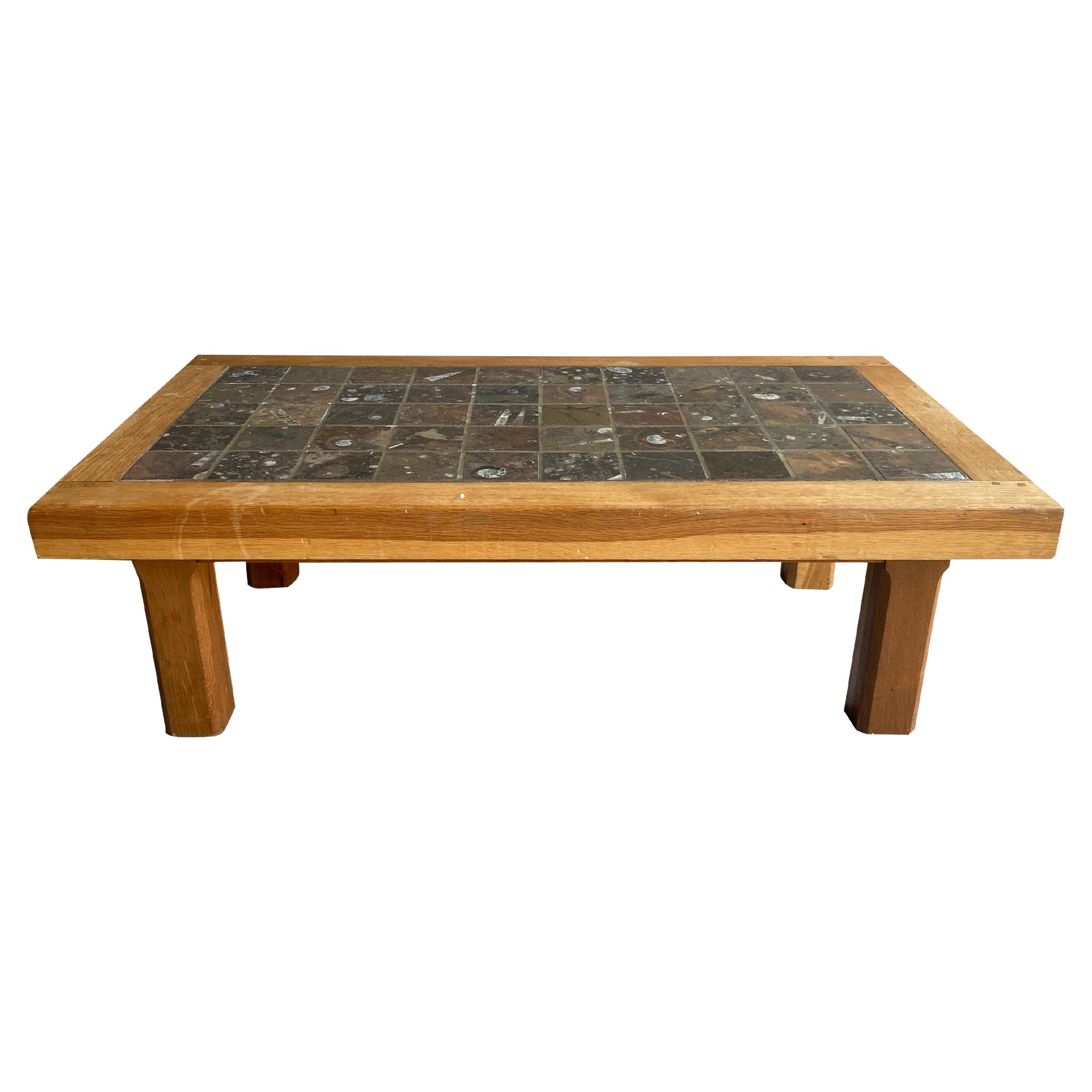 Brutalist Oak & Stone Cocktail Table, Belgium, 1960's