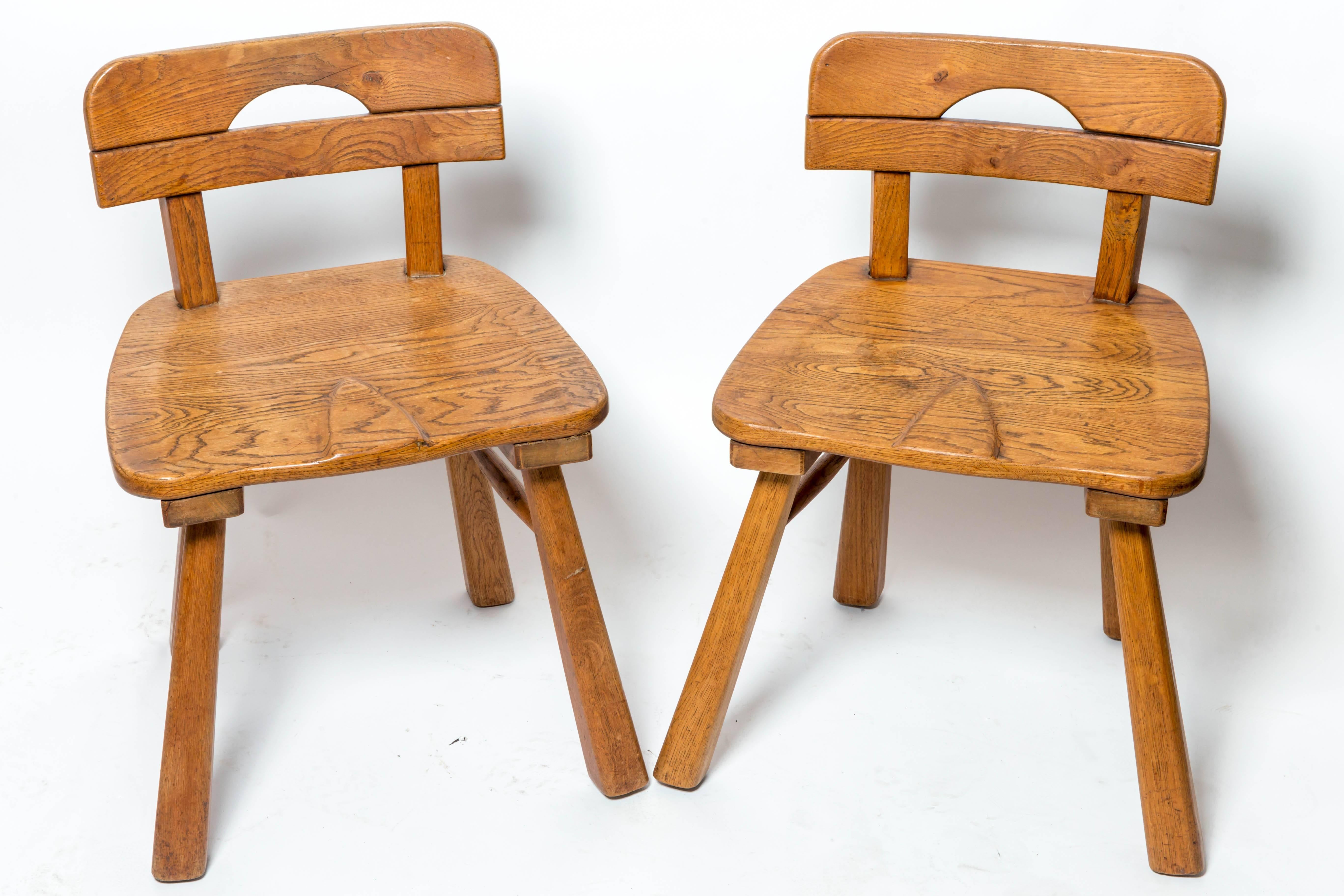 Brutalist oak stool or side chair with back by Cercle Jean Touret for Marolles, France, 1950s.