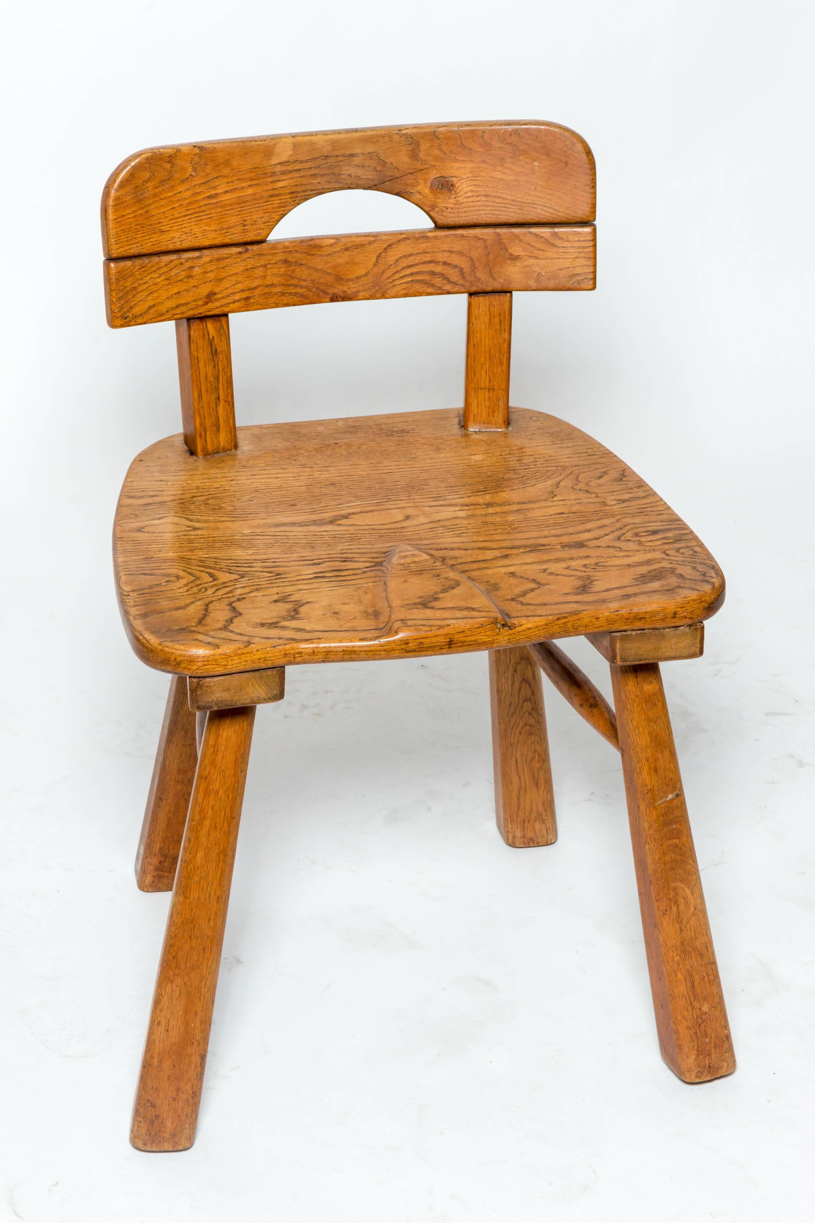 French Brutalist Oak Stool with Back by Cercle Jean Touret for Marolles