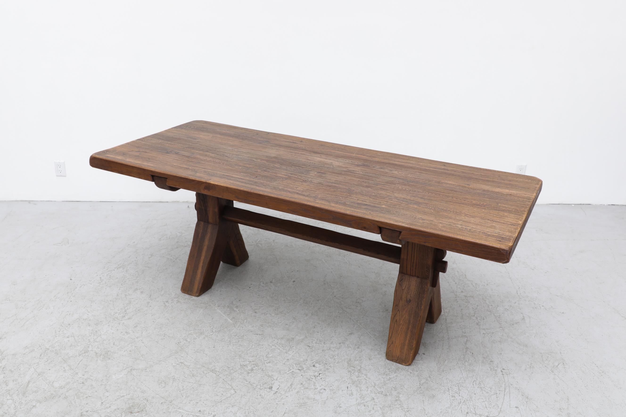 Belgian Brutalist Oak Trestle Table by DePuydt
