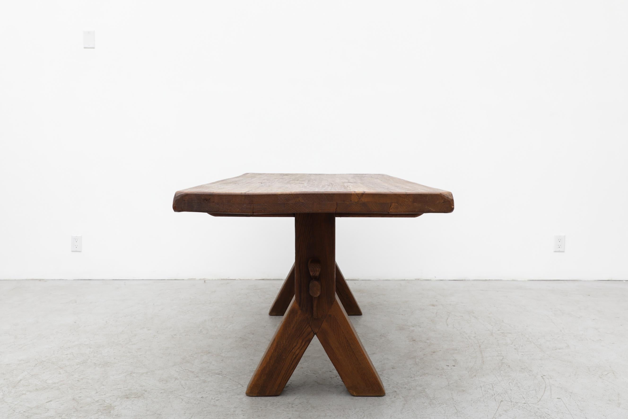 Brutalist Oak Trestle Table by DePuydt In Good Condition In Los Angeles, CA