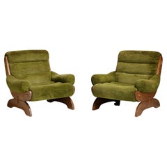 Vintage Brutalist Oak 
Velvet Lounge Chairs, Germany circa 1970