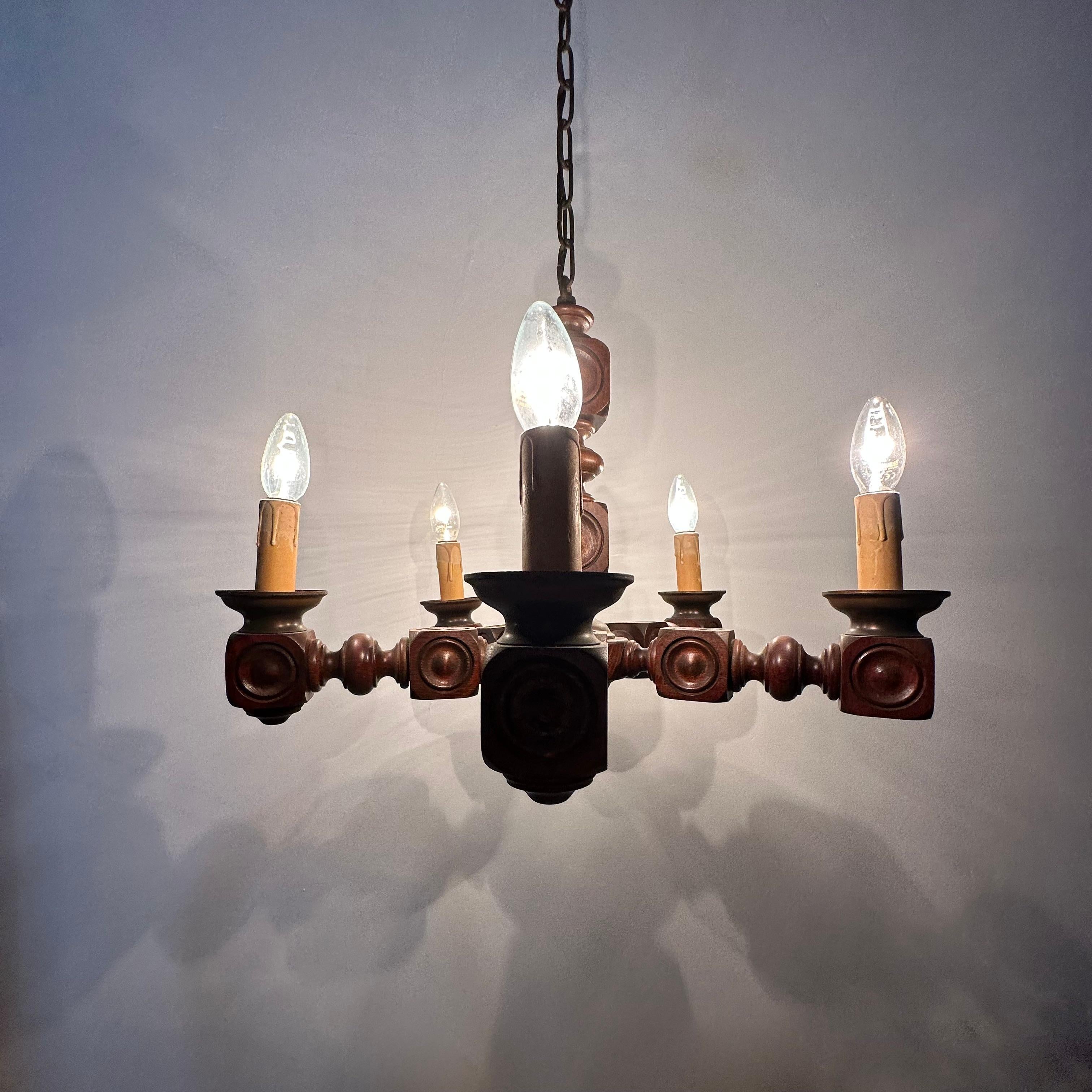 Brutalist oak wood chandelier , 1970’s For Sale 5