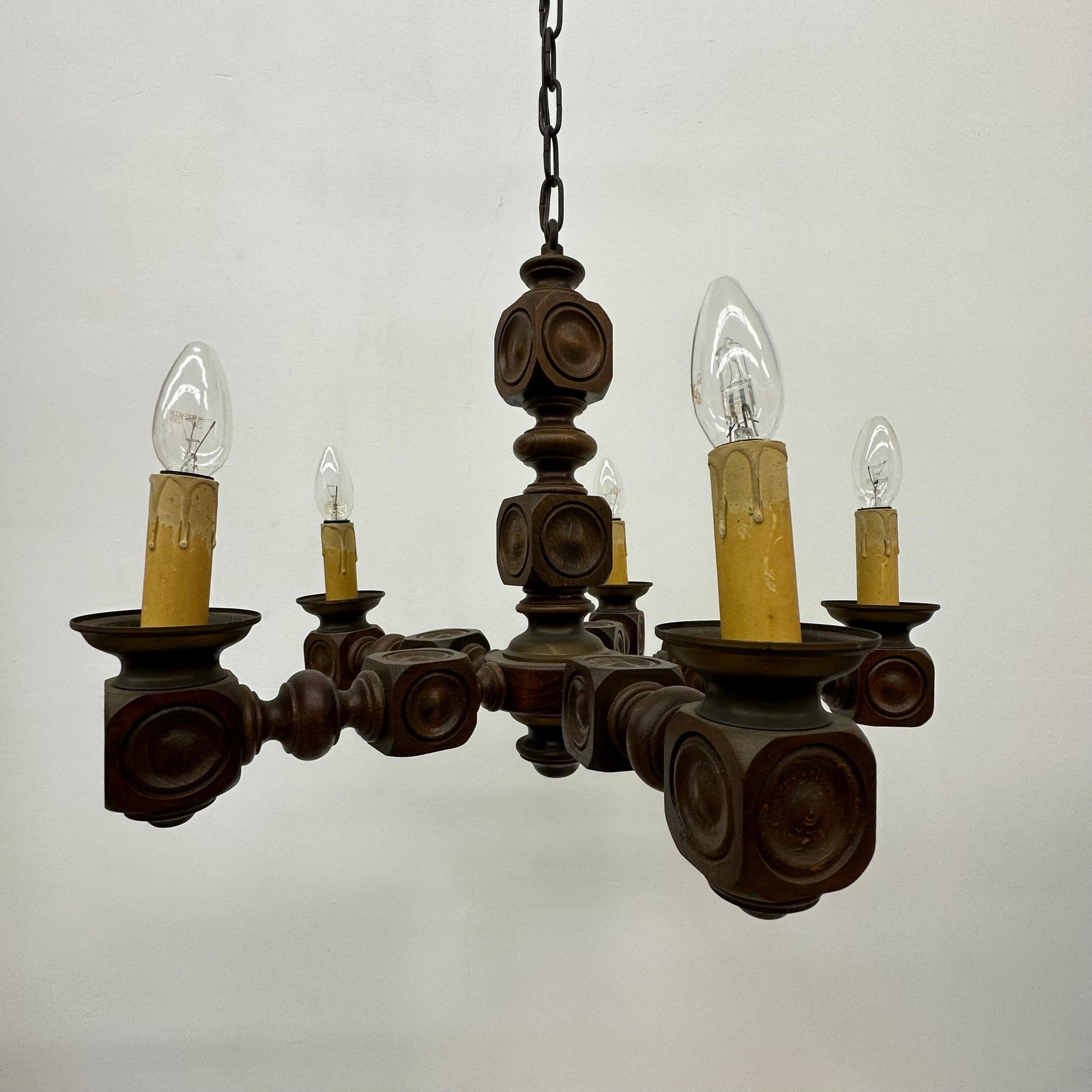 Brutalist oak wood chandelier , 1970’s For Sale 8
