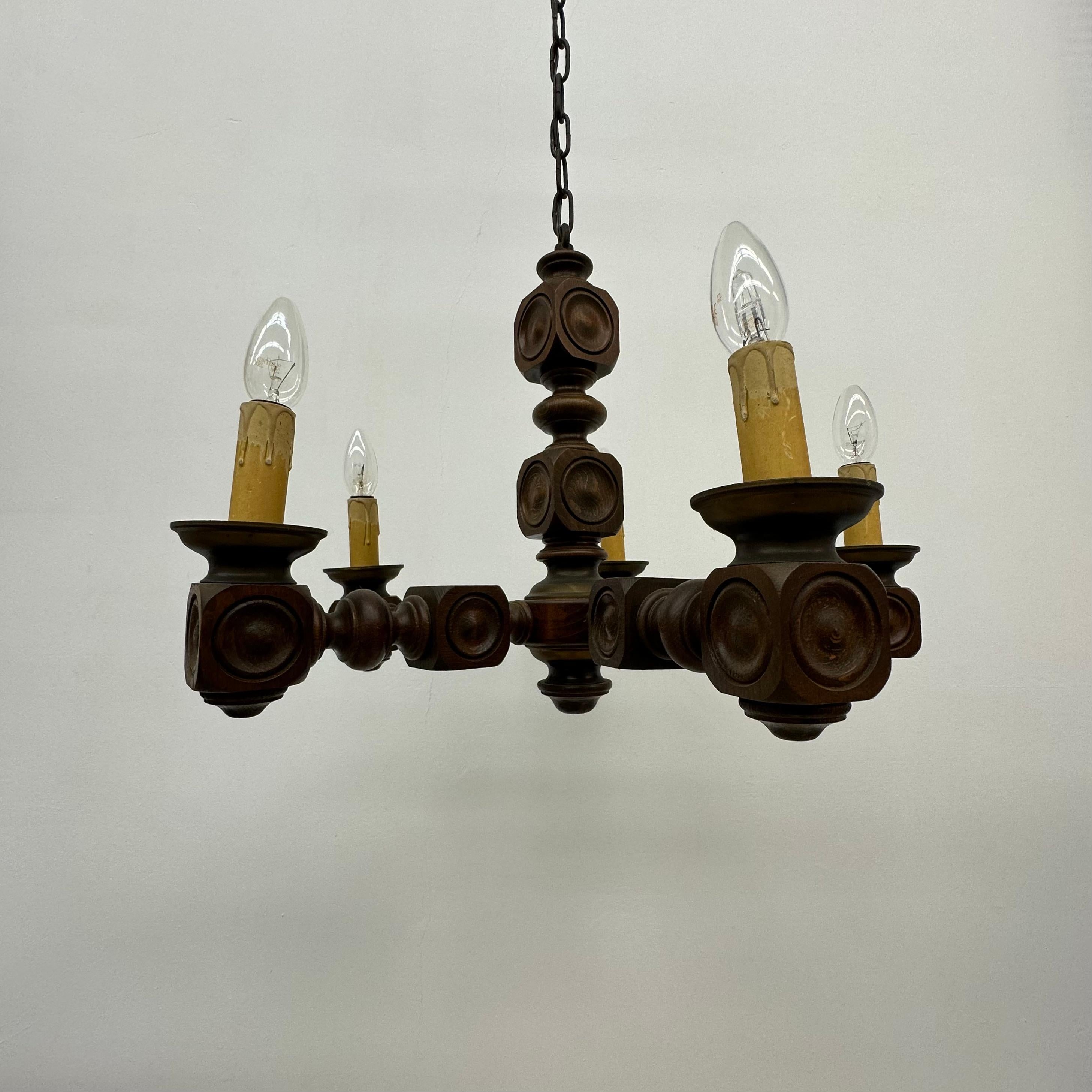 Brutalist oak wood chandelier , 1970’s For Sale 9