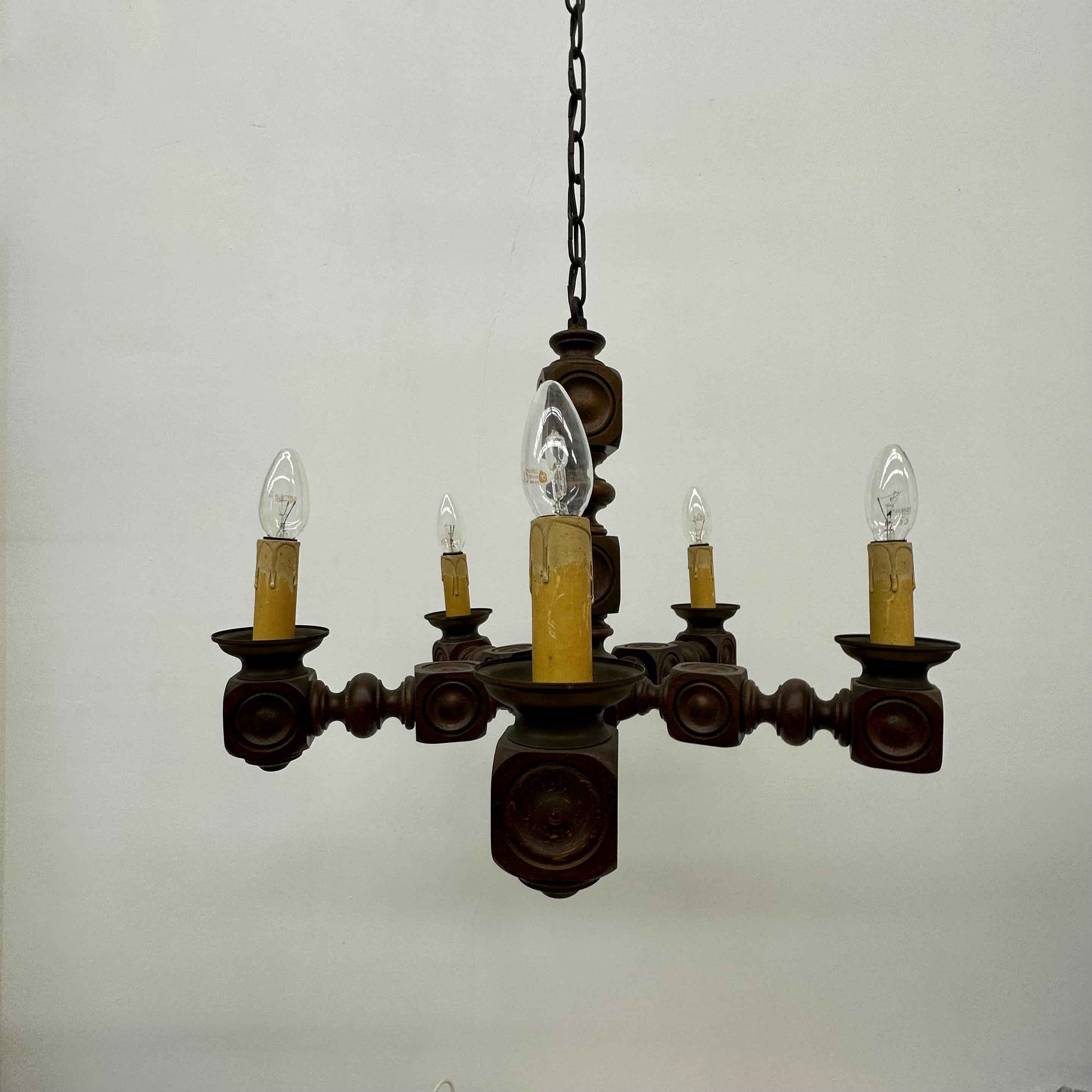 Brutalist oak wood chandelier , 1970’s For Sale 10