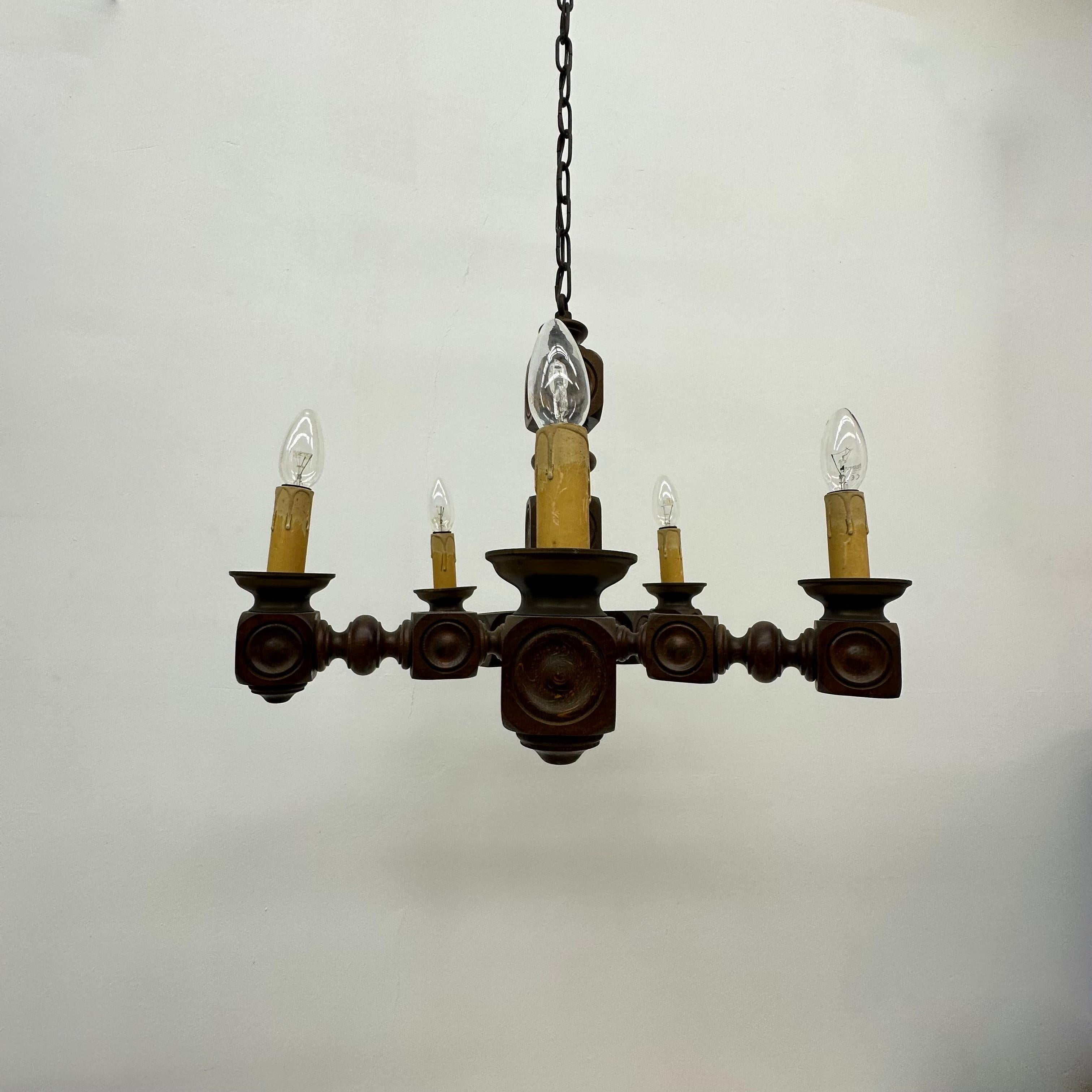 Brutalist oak wood chandelier , 1970’s For Sale 11