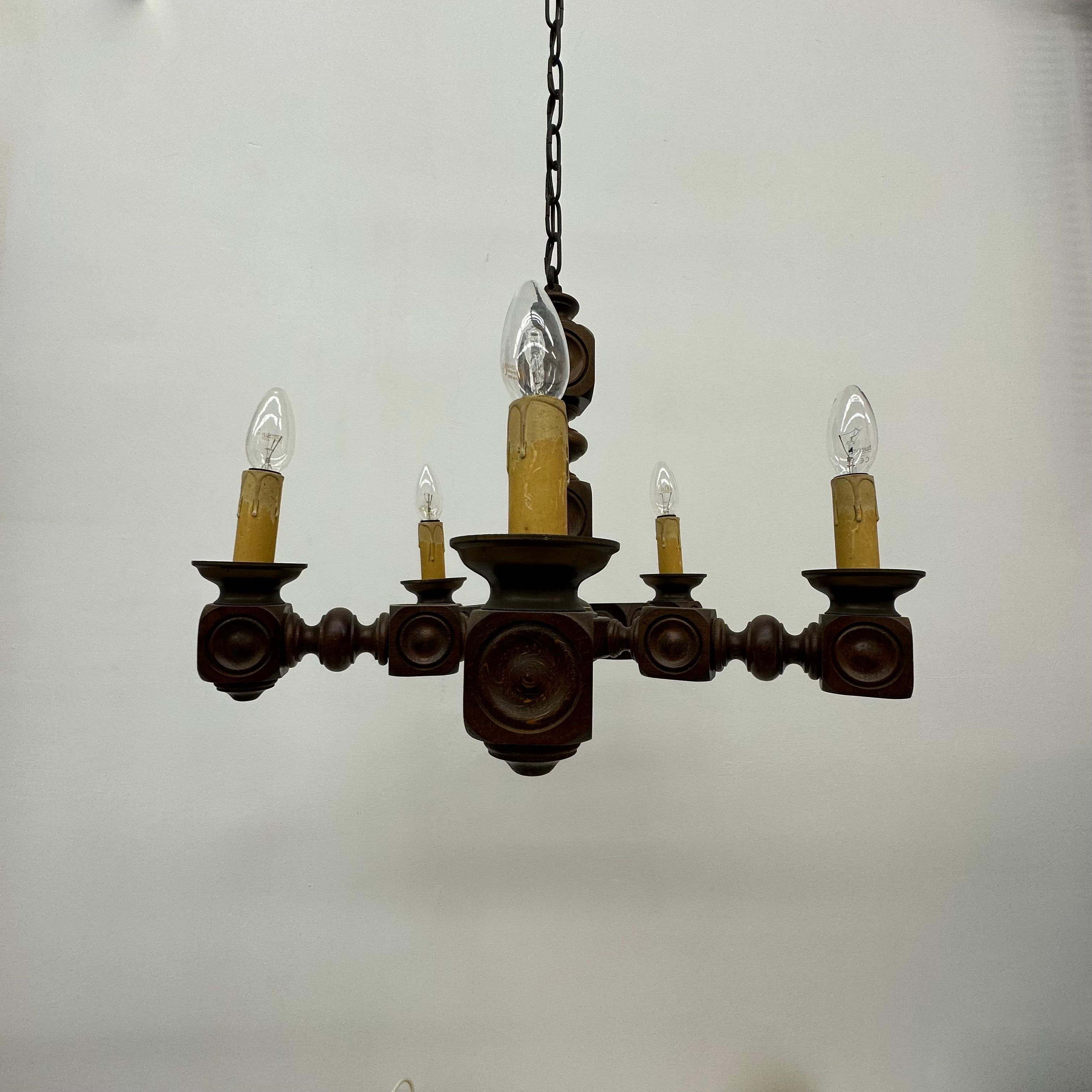Brutalist oak wood chandelier , 1970’s For Sale 12
