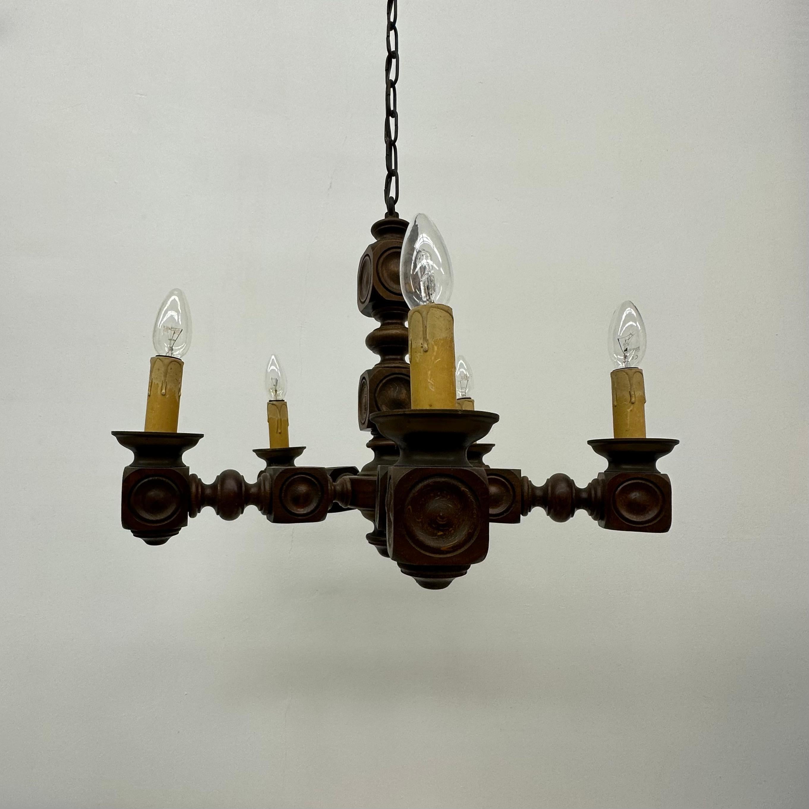 Brutalist oak wood chandelier , 1970’s For Sale 13