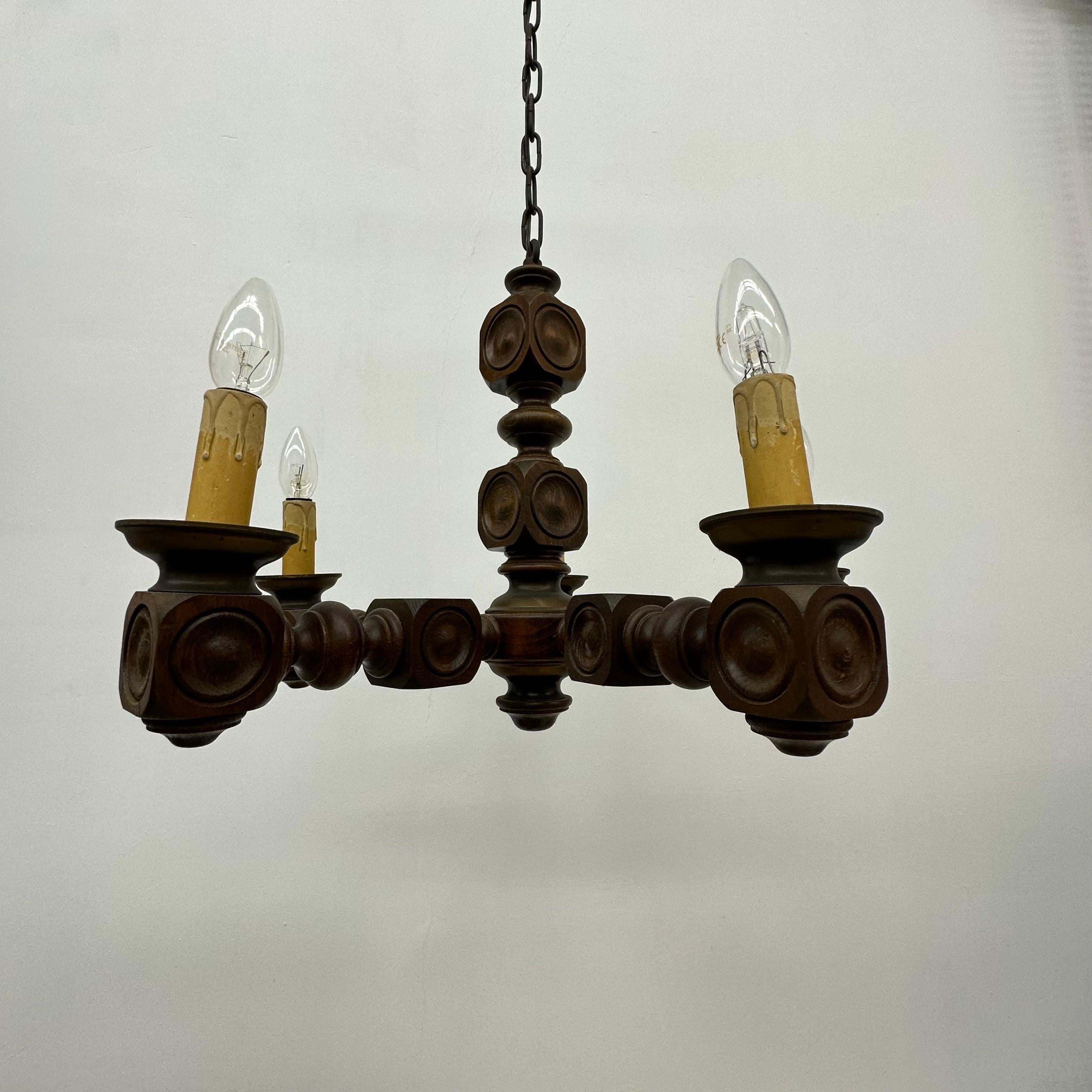 Brutalist oak wood chandelier , 1970’s For Sale 14