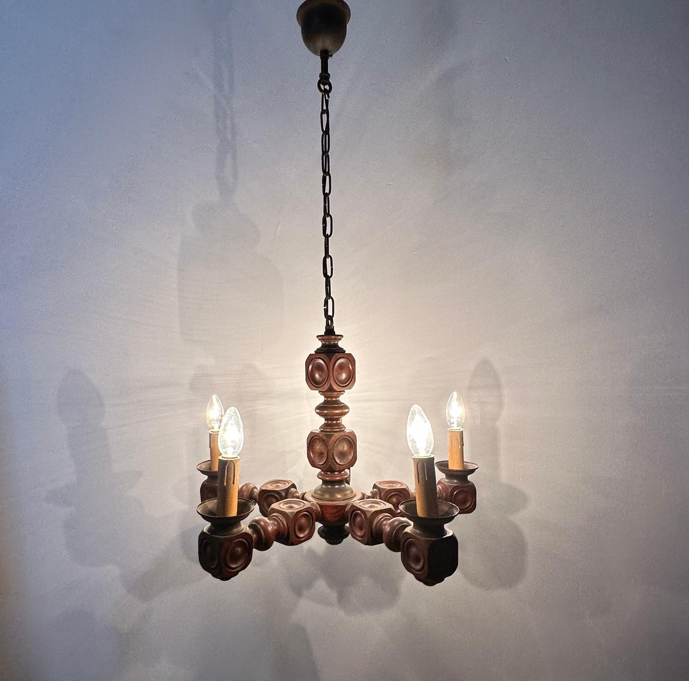 Dutch Brutalist oak wood chandelier , 1970’s For Sale