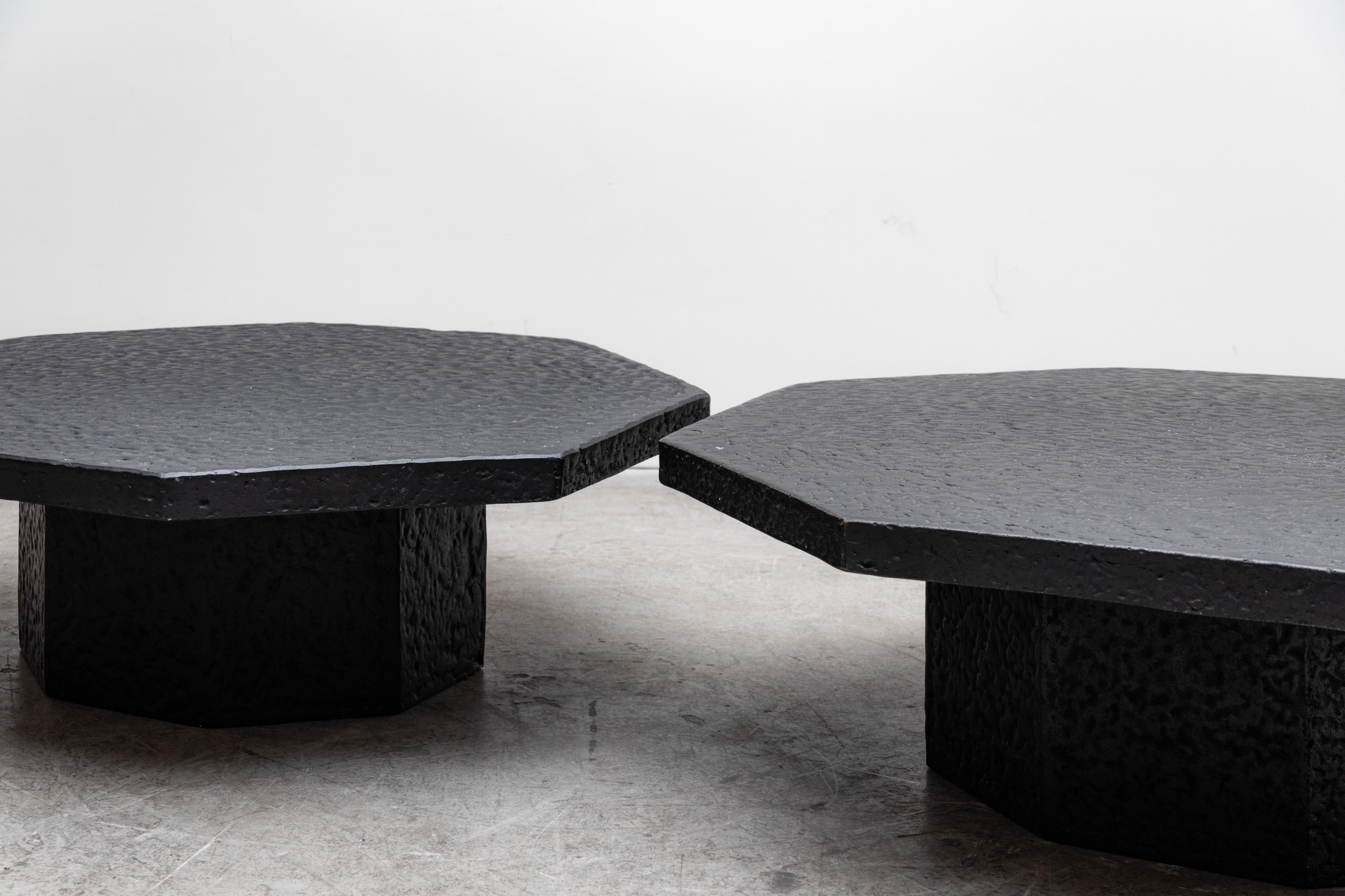 Brutalist octagon lava coffee/side tables with pedestal base. Textured faux stone in original condition with wear consistent with age and use. Smaller lava coffee table also available (LU922423355112) listed separately.